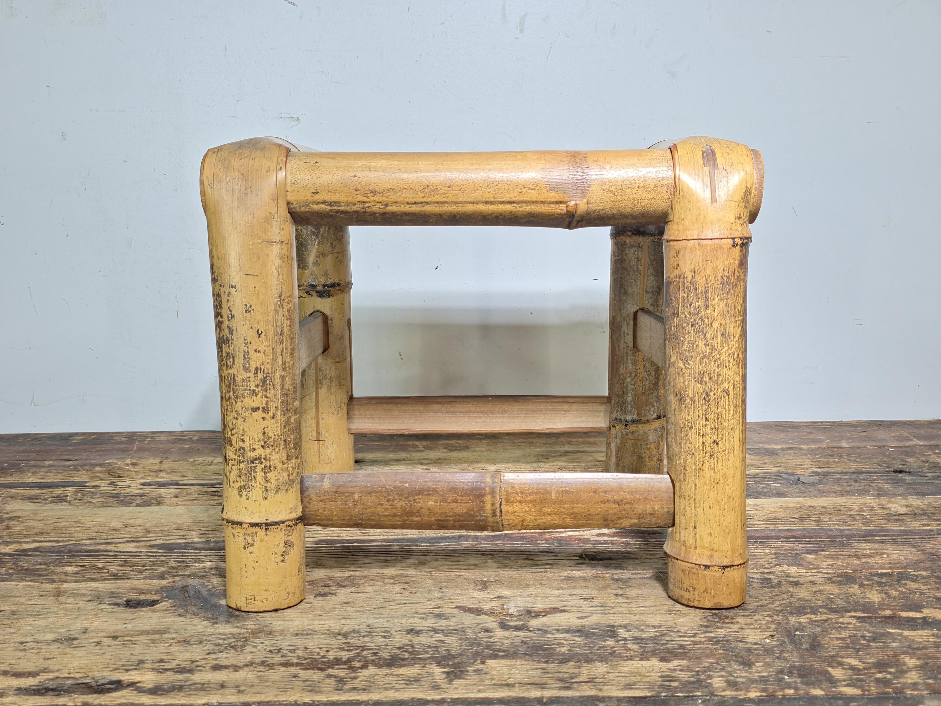 Vintage Boho Bamboo Footstool | Mid-Century Rattan Plant Stand | Tiki Decor