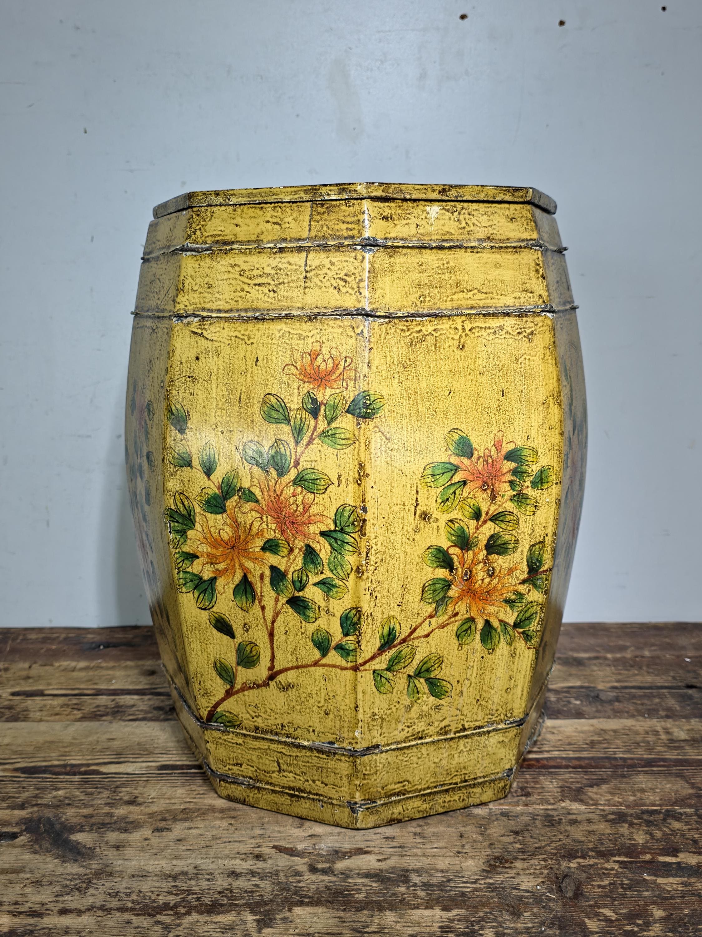 Chinoiserie Floral Wooden Barrel Box with Lid 16"H Octagonal Waste Basket Decor