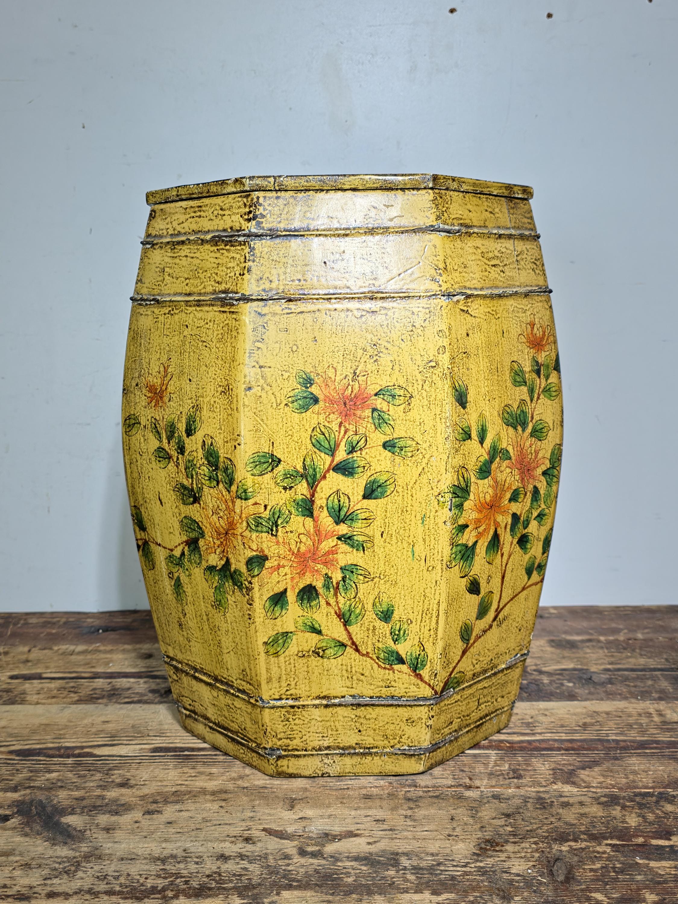 Chinoiserie Floral Wooden Barrel Box with Lid 16"H Octagonal Waste Basket Decor
