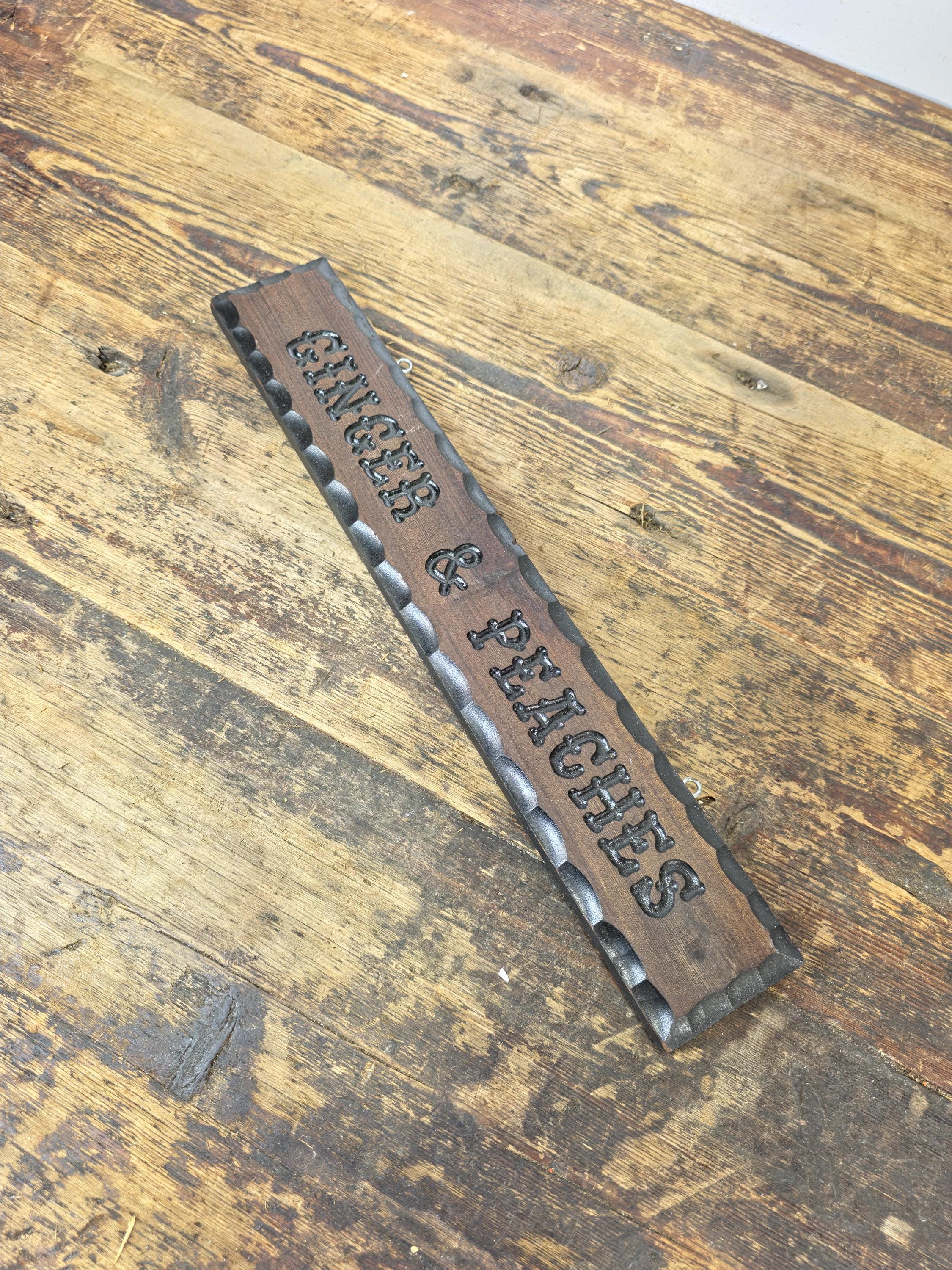 Vintage Hand-Carved Wood Sign GINGER & PEACHES | Rustic Folk Art Wall Decor 15"