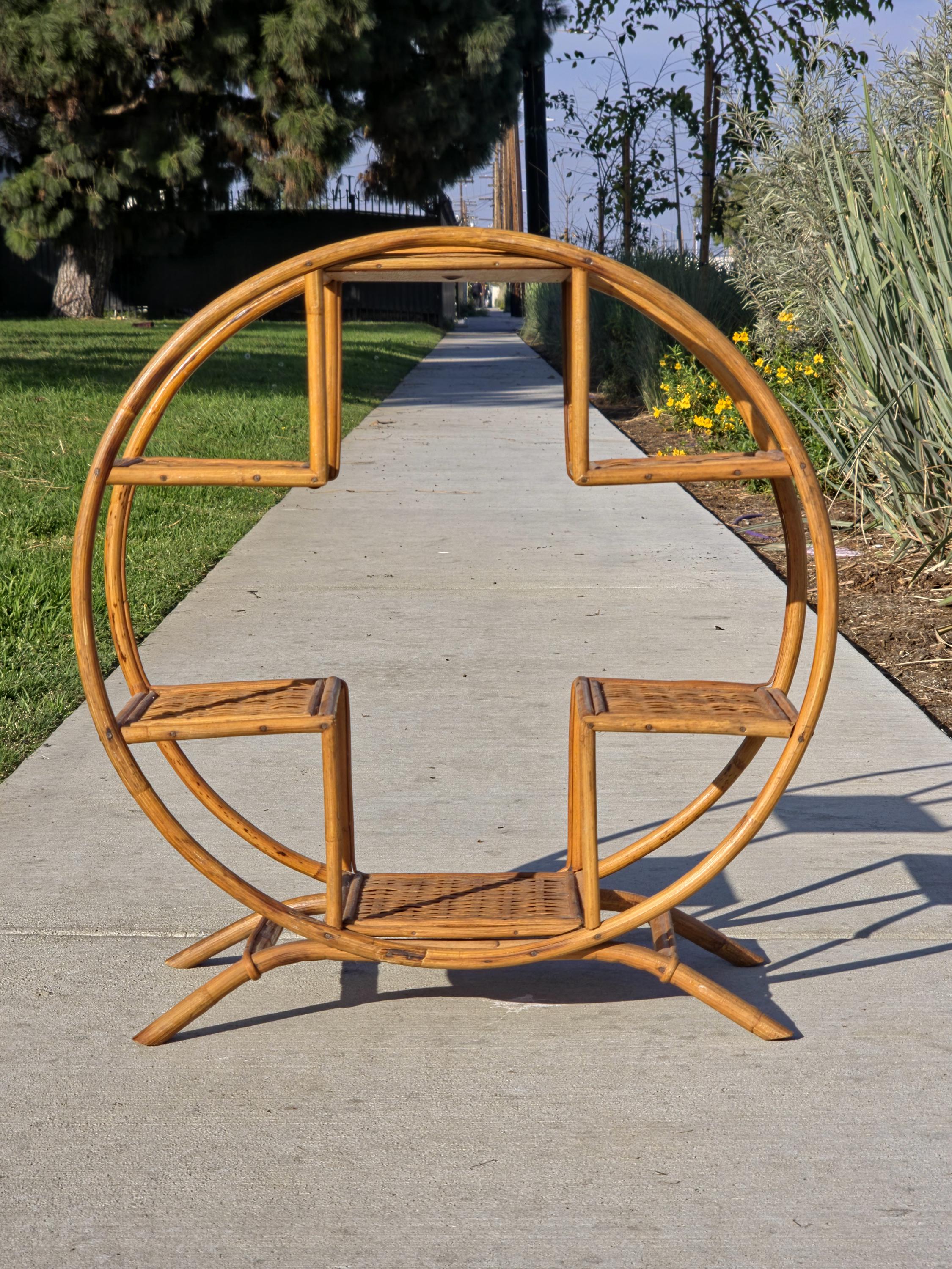 Rare 1930s-50s Boho Rattan Circle Shelf | 6-Tier Wicker Plant Stand Masterpiece