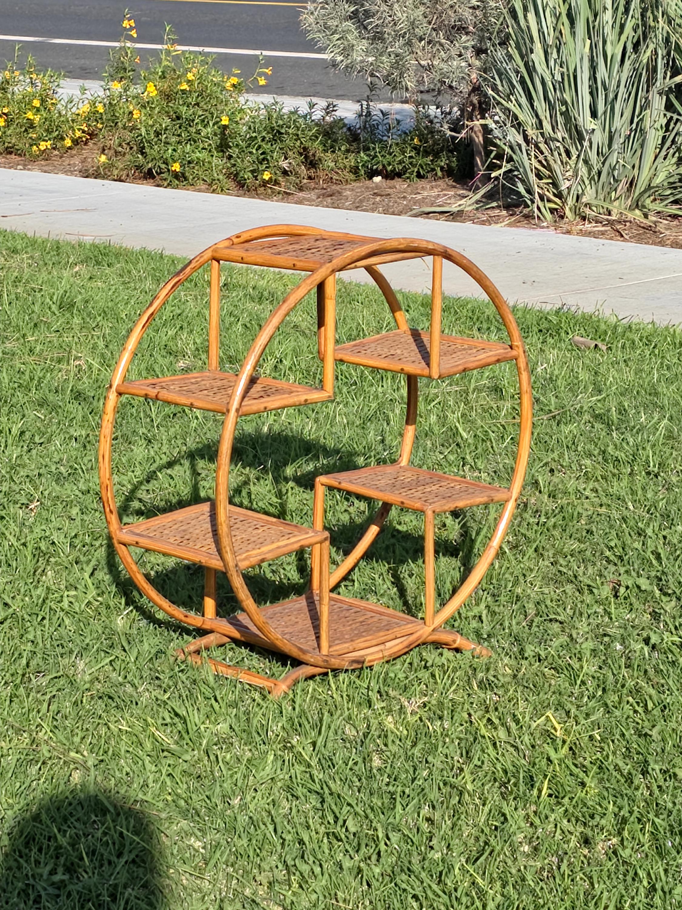Rare 1930s-50s Boho Rattan Circle Shelf | 6-Tier Wicker Plant Stand Masterpiece