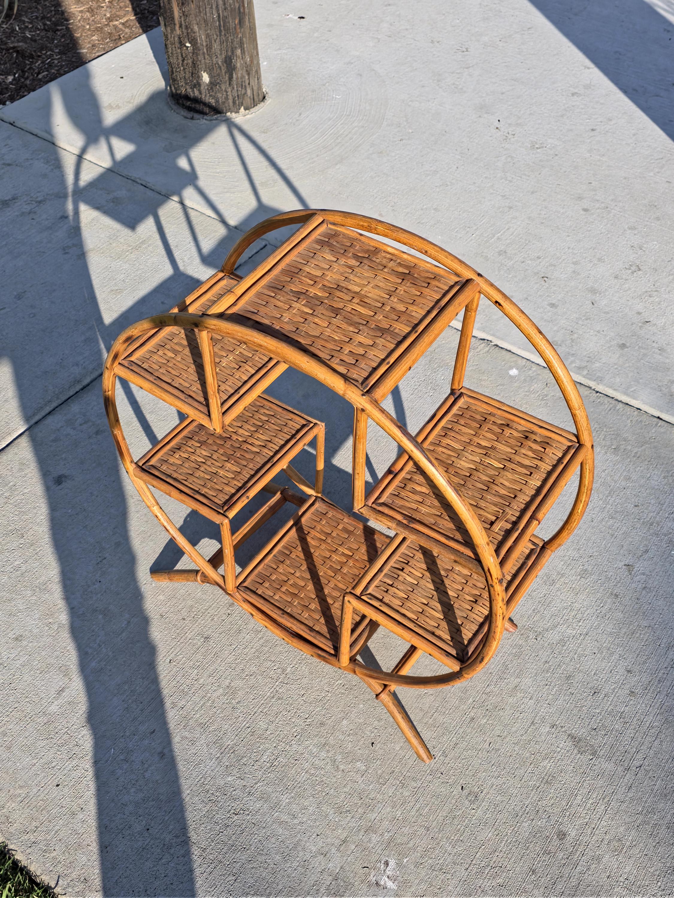 Rare 1930s-50s Boho Rattan Circle Shelf | 6-Tier Wicker Plant Stand Masterpiece