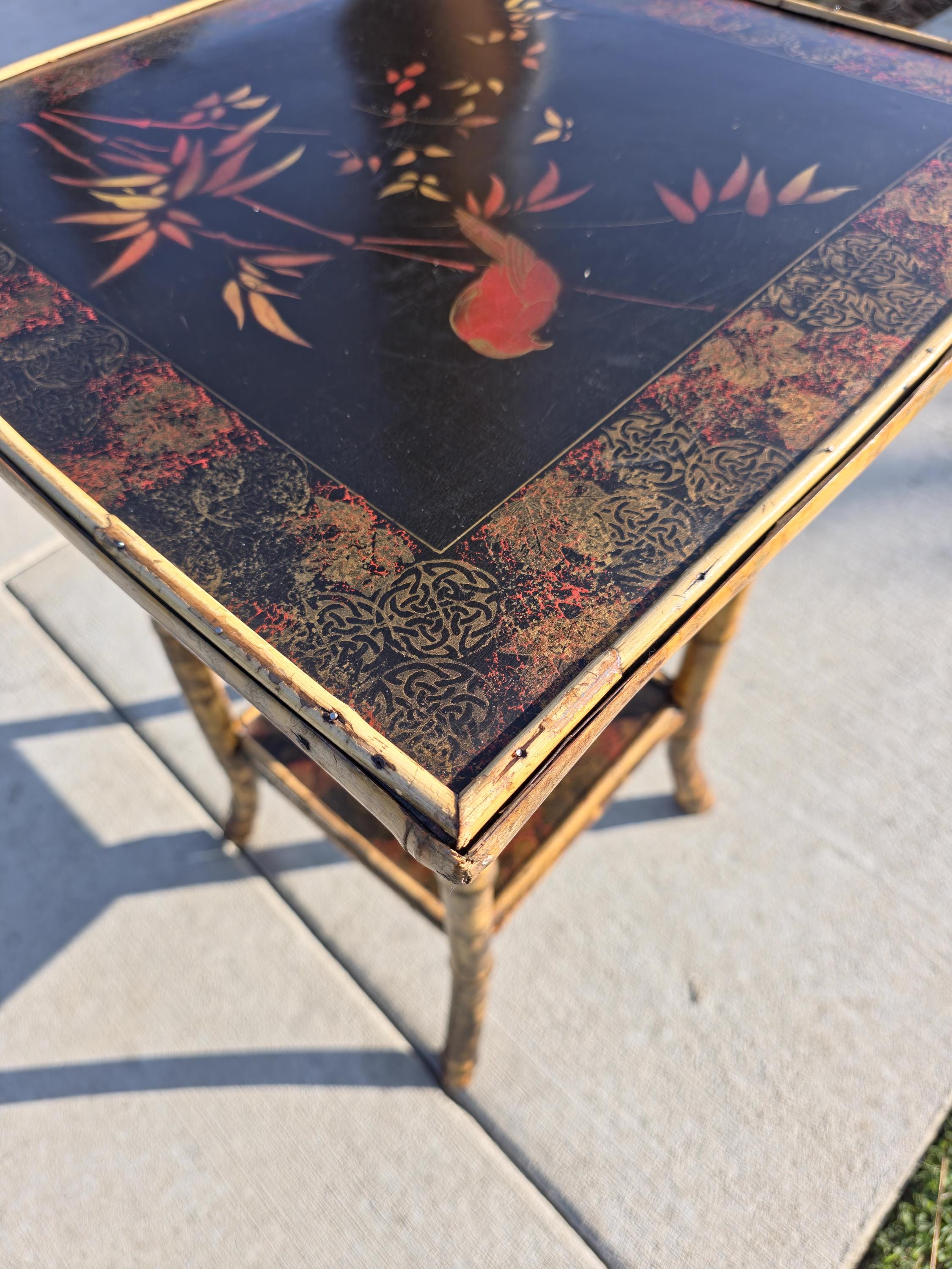 Rare Antique Chinoiserie Bamboo Table | Hand-Painted Lacquer Panels, c.1900