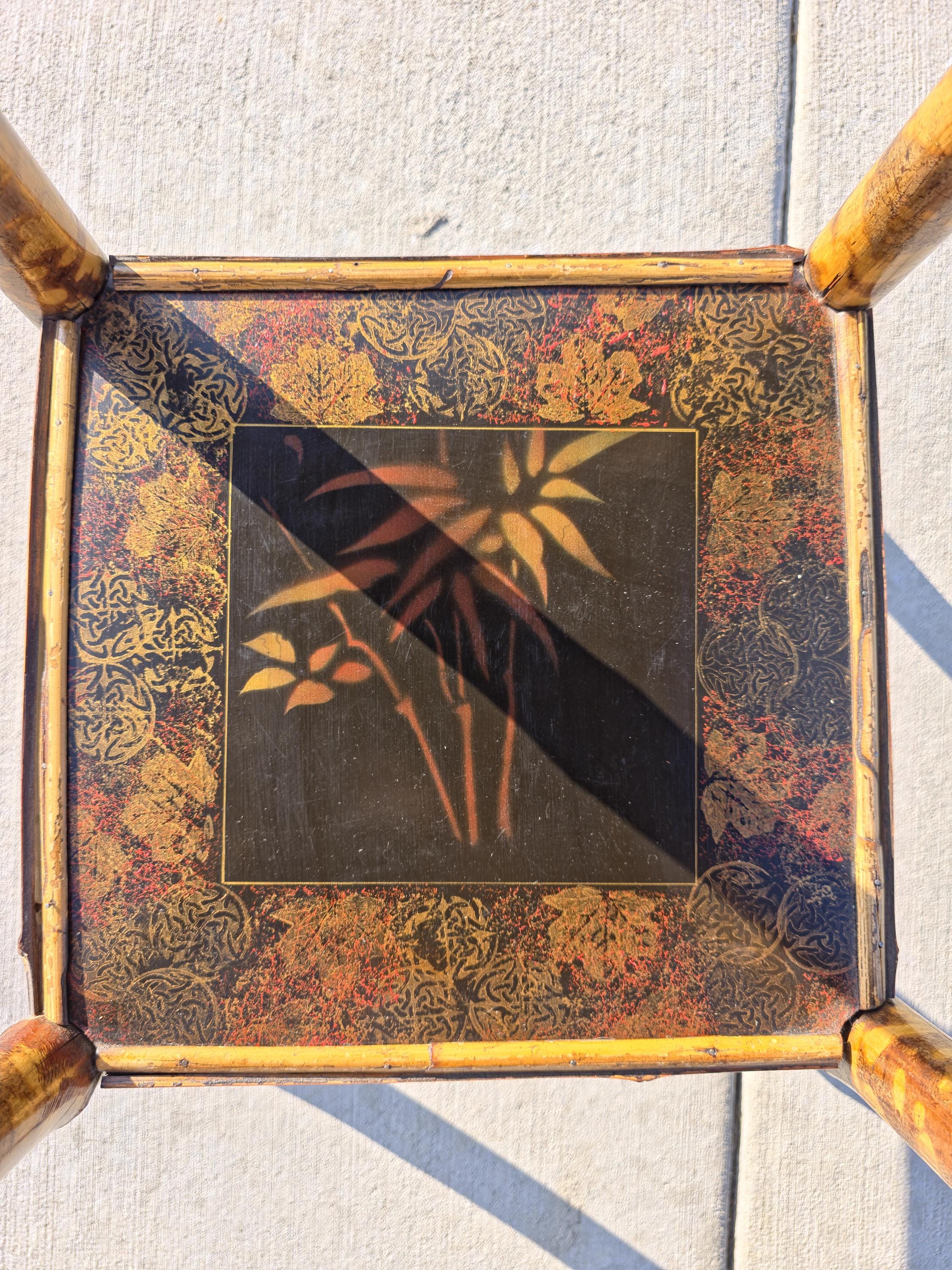 Rare Antique Chinoiserie Bamboo Table | Hand-Painted Lacquer Panels, c.1900