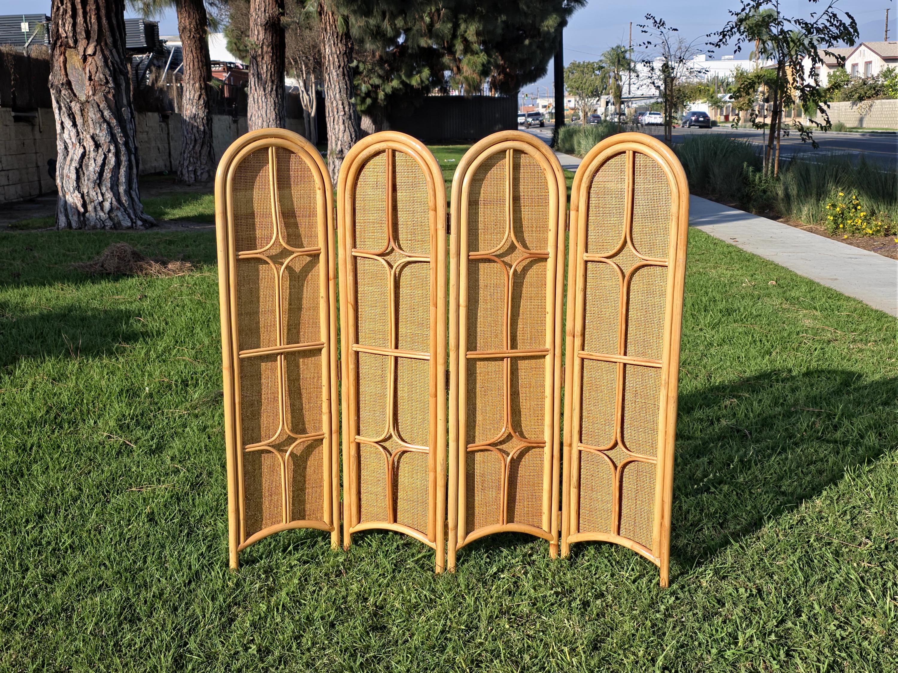 Vintage 4-Panel Rattan Room Divider | 51" Boho Wicker Privacy Screen c.1990s