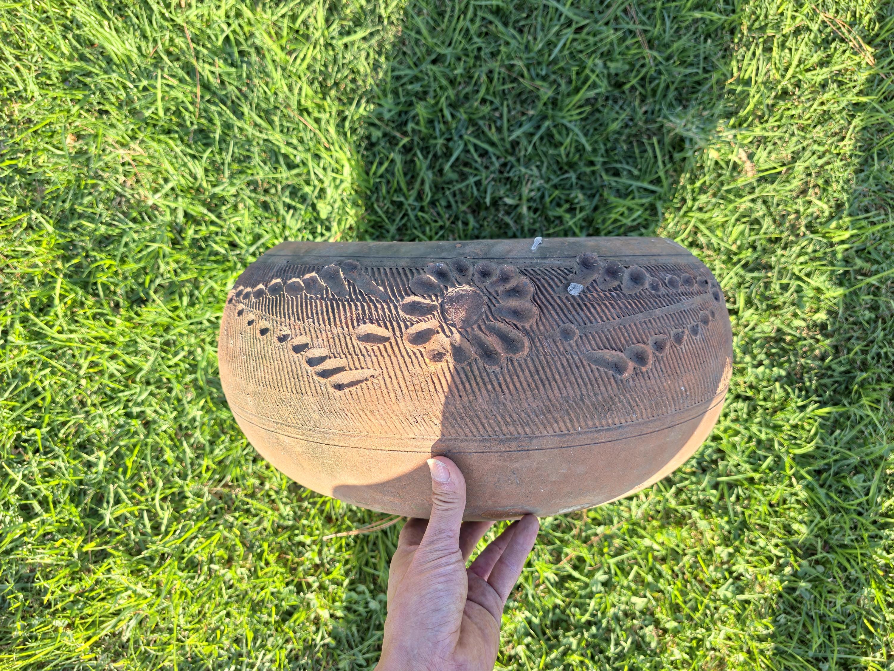 Vintage Mexican Hand-Etched Terracotta Hose Holder Pot 18"Dia x 8.5"H