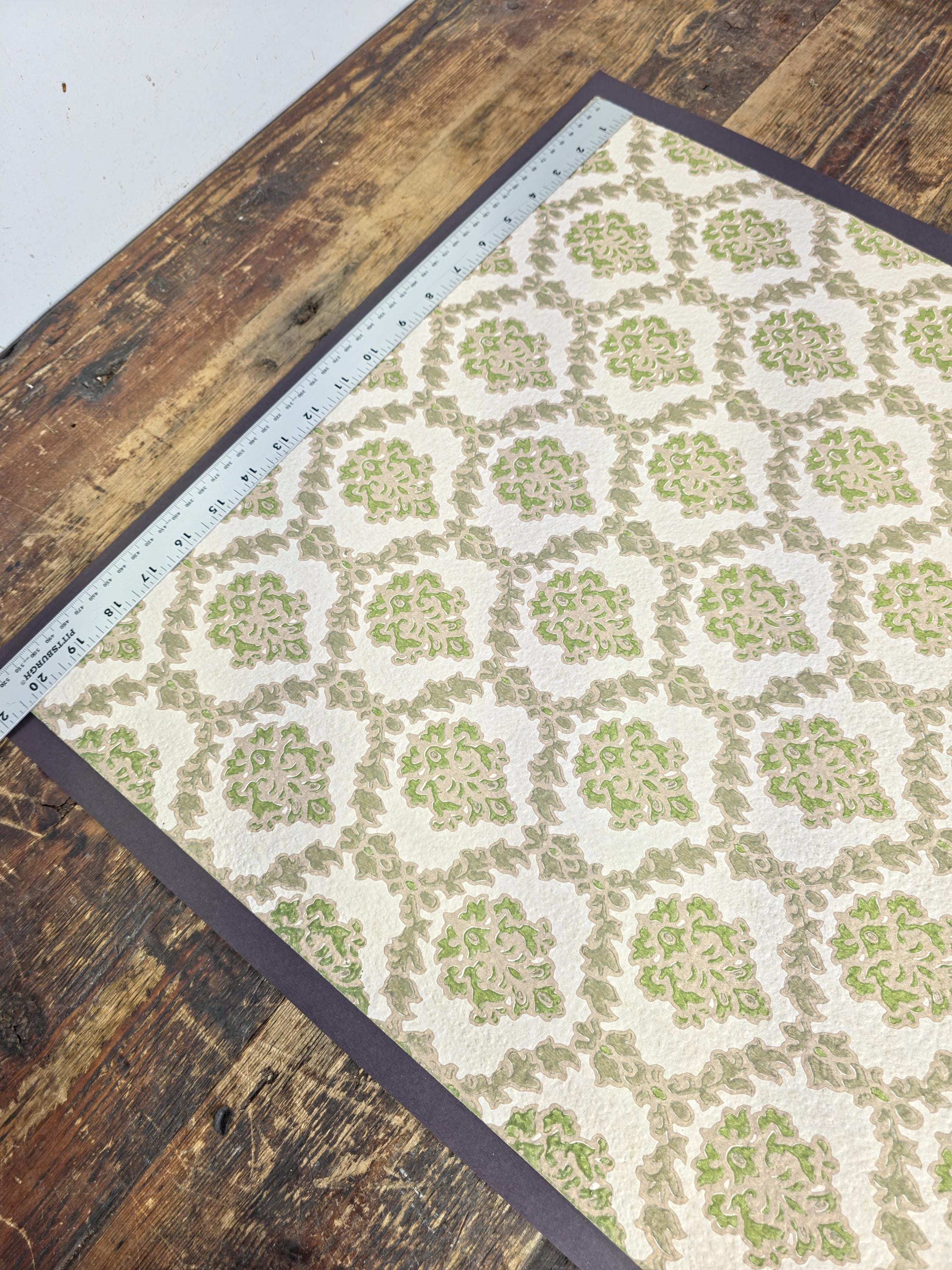 Authentic 1970s Vintage Wallpaper | Green & Gray Floral Geometric