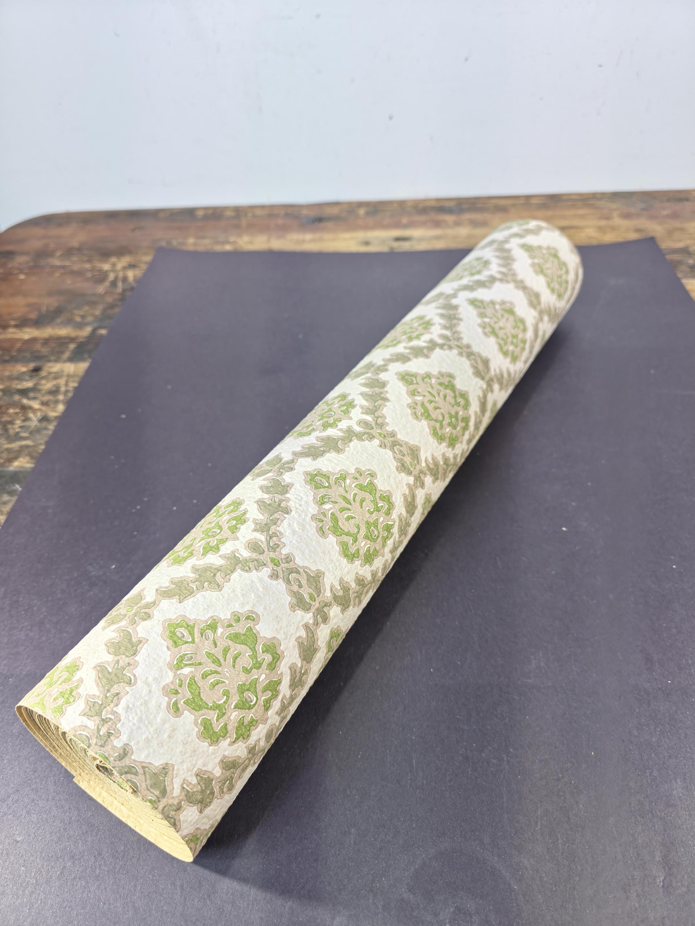 Authentic 1970s Vintage Wallpaper | Green & Gray Floral Geometric
