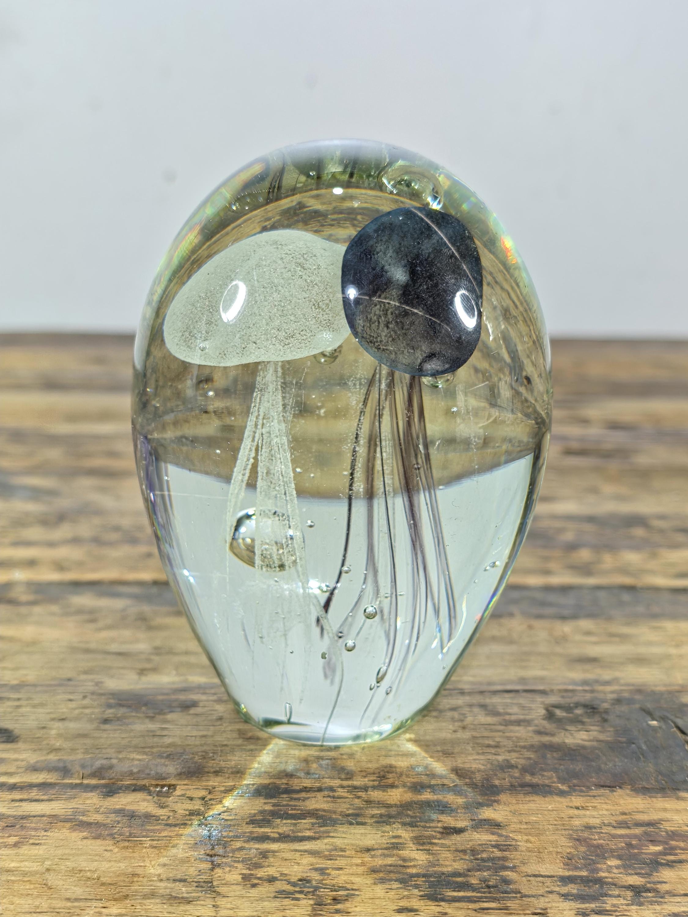 Hand-Blown Glass Jellyfish Paperweight | Clear Art Glass with Dual Jellyfish