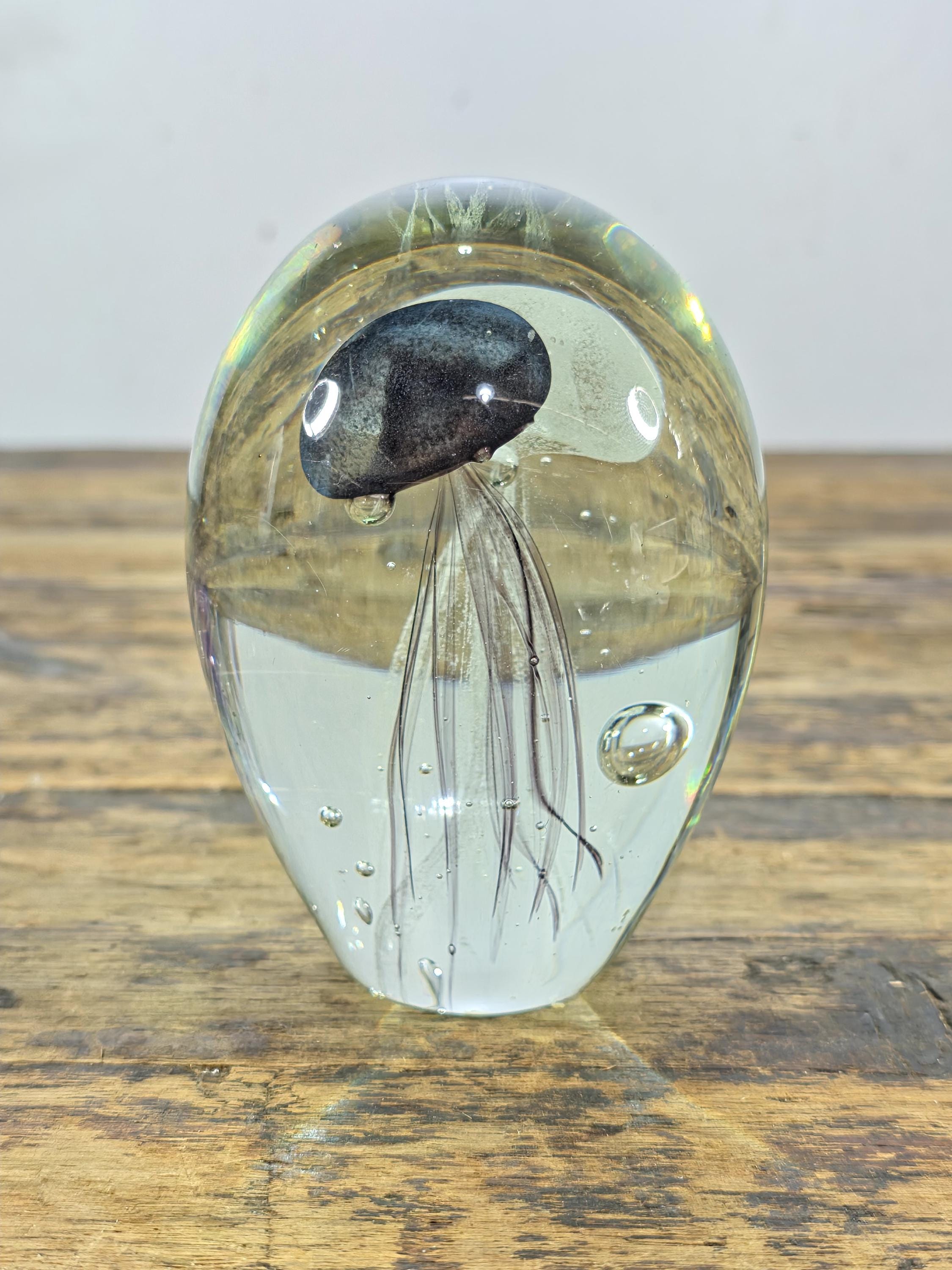 Hand-Blown Glass Jellyfish Paperweight | Clear Art Glass with Dual Jellyfish