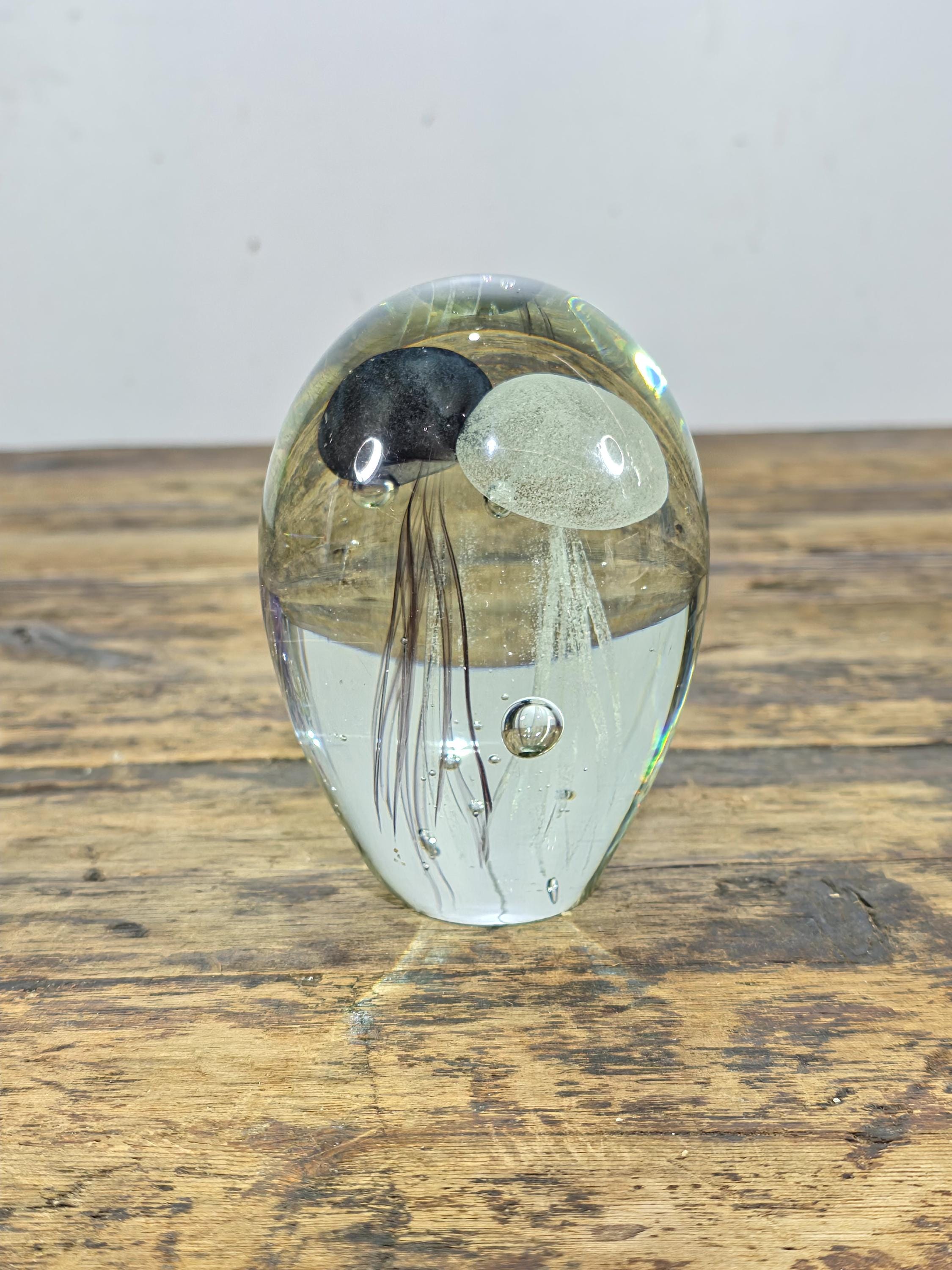 Hand-Blown Glass Jellyfish Paperweight | Clear Art Glass with Dual Jellyfish