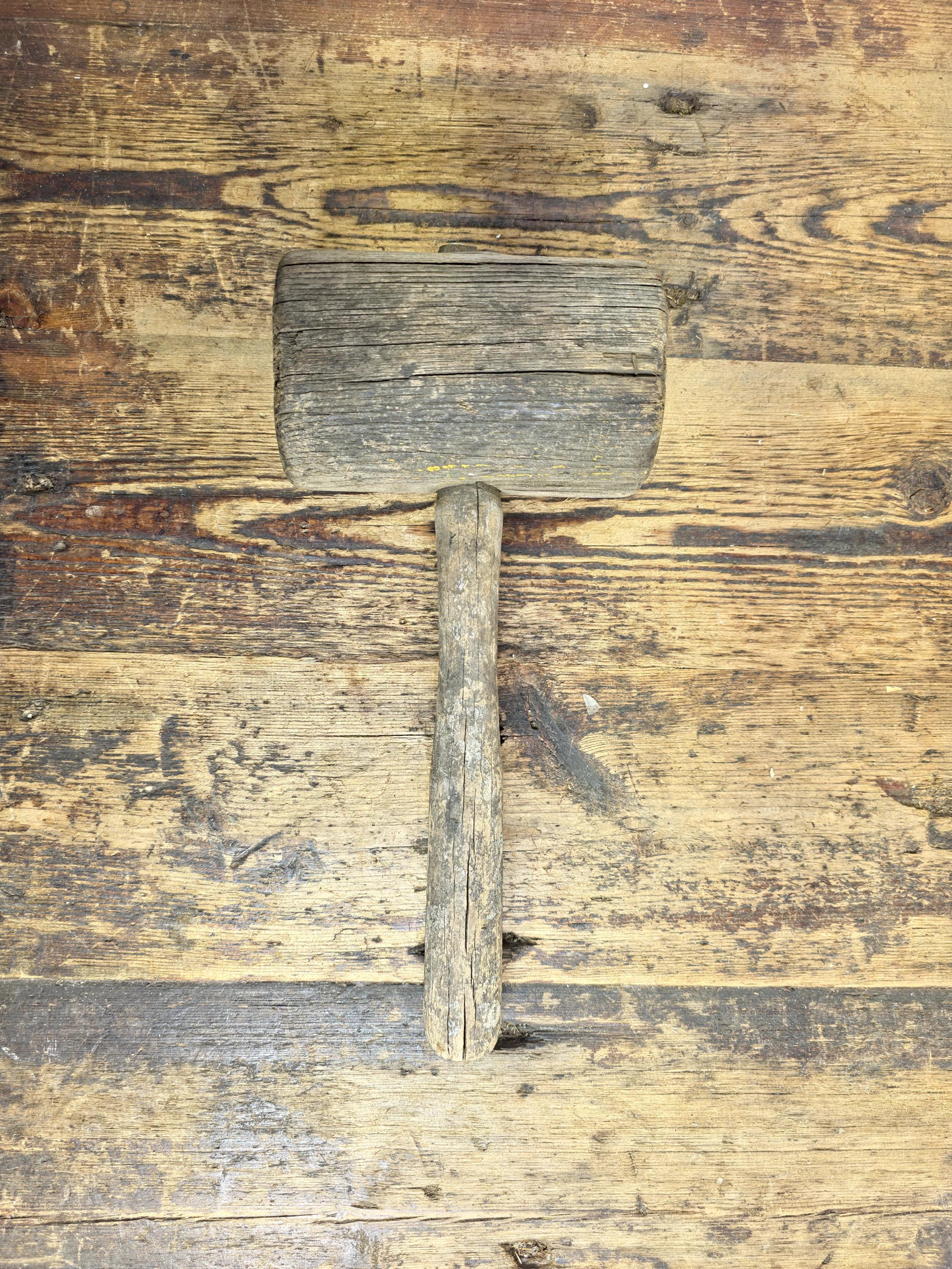 Antique Primitive Wooden Mallet | Rustic Farmhouse Tool with Authentic Patina