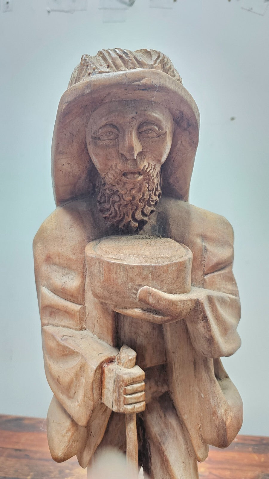 Vintage Hand Carved Solid Wood Figure Traveler With Cat Statue Vagabond 20" Tall