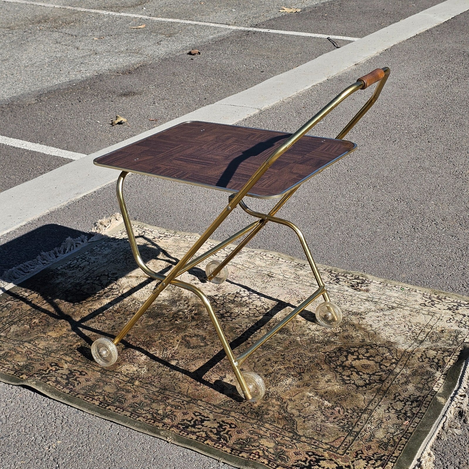 Vintage Mid Century Folding Rolling Bar Serving Cart With Wood Handle