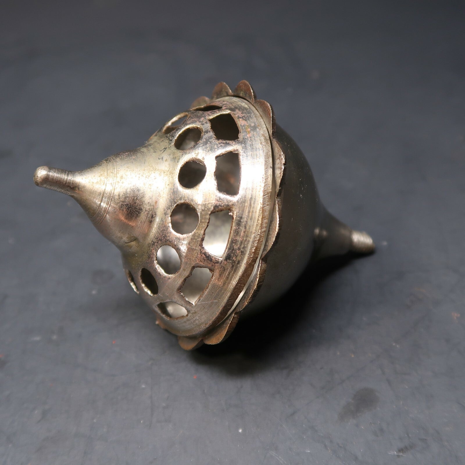 Antique India Metal Incense Burner With Wooden Red Handle 7" Tall