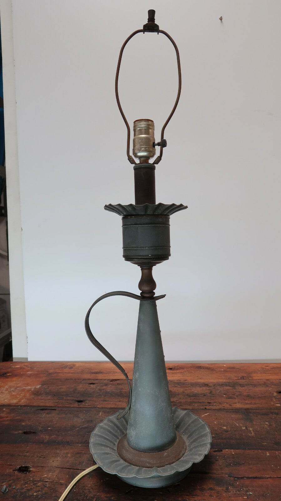 Antique Brass Table Lamp With Handle Rustic Patina 7" x 7" x 27.5"