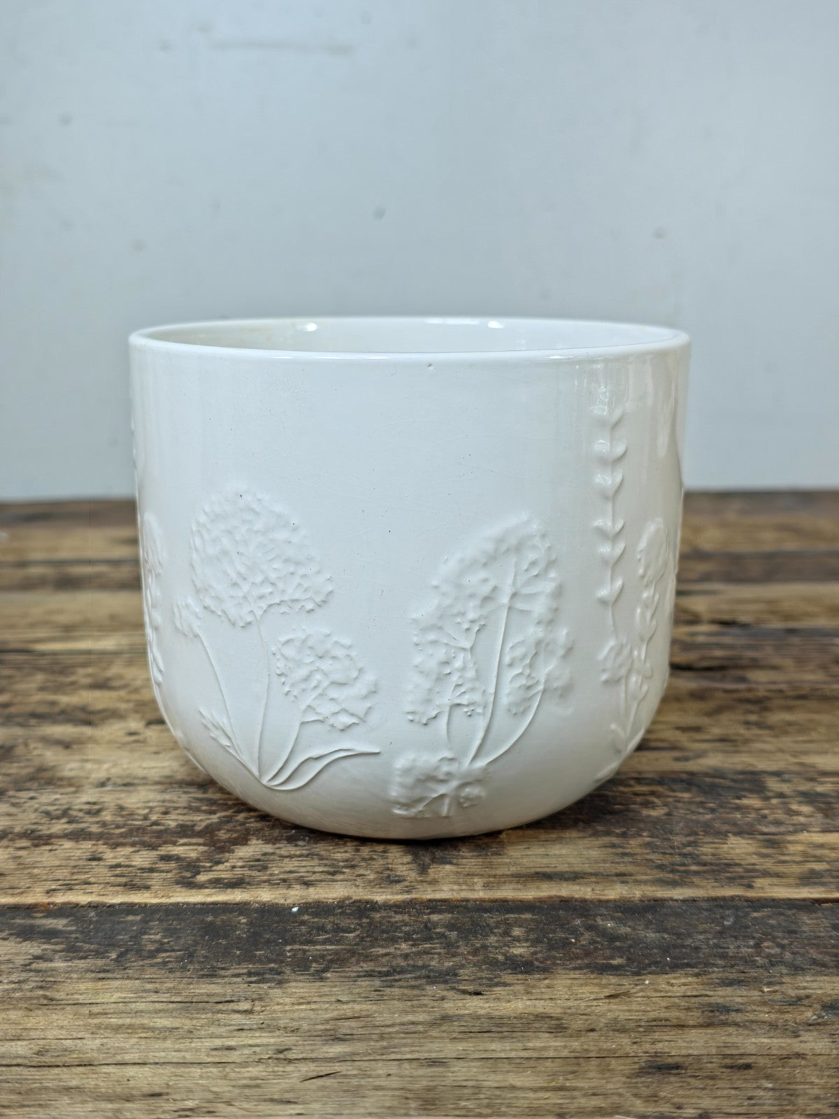 Modern White Ceramic Planter with Embossed Floral Pattern — Small, Made in USA