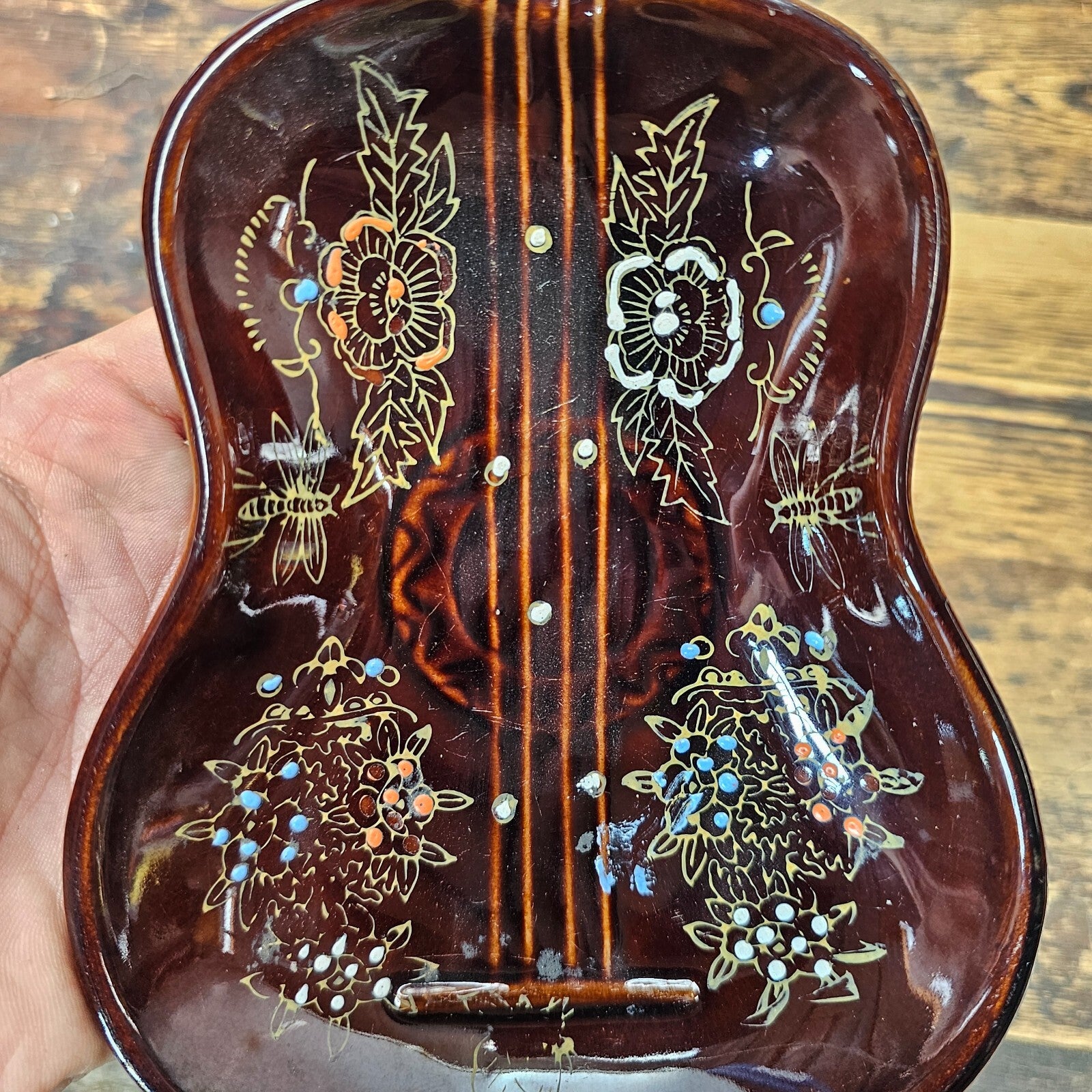 Vintage Ceramic Guitar Ashtray / Trinket Dish with Hand-Painted Moriage Detail