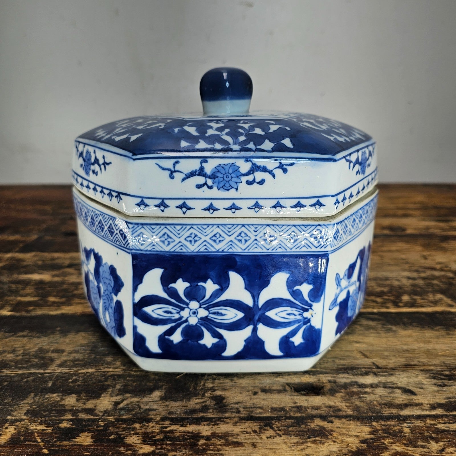 Vintage Blue & White Porcelain Chinoiserie Hexagonal Lidded Jar
