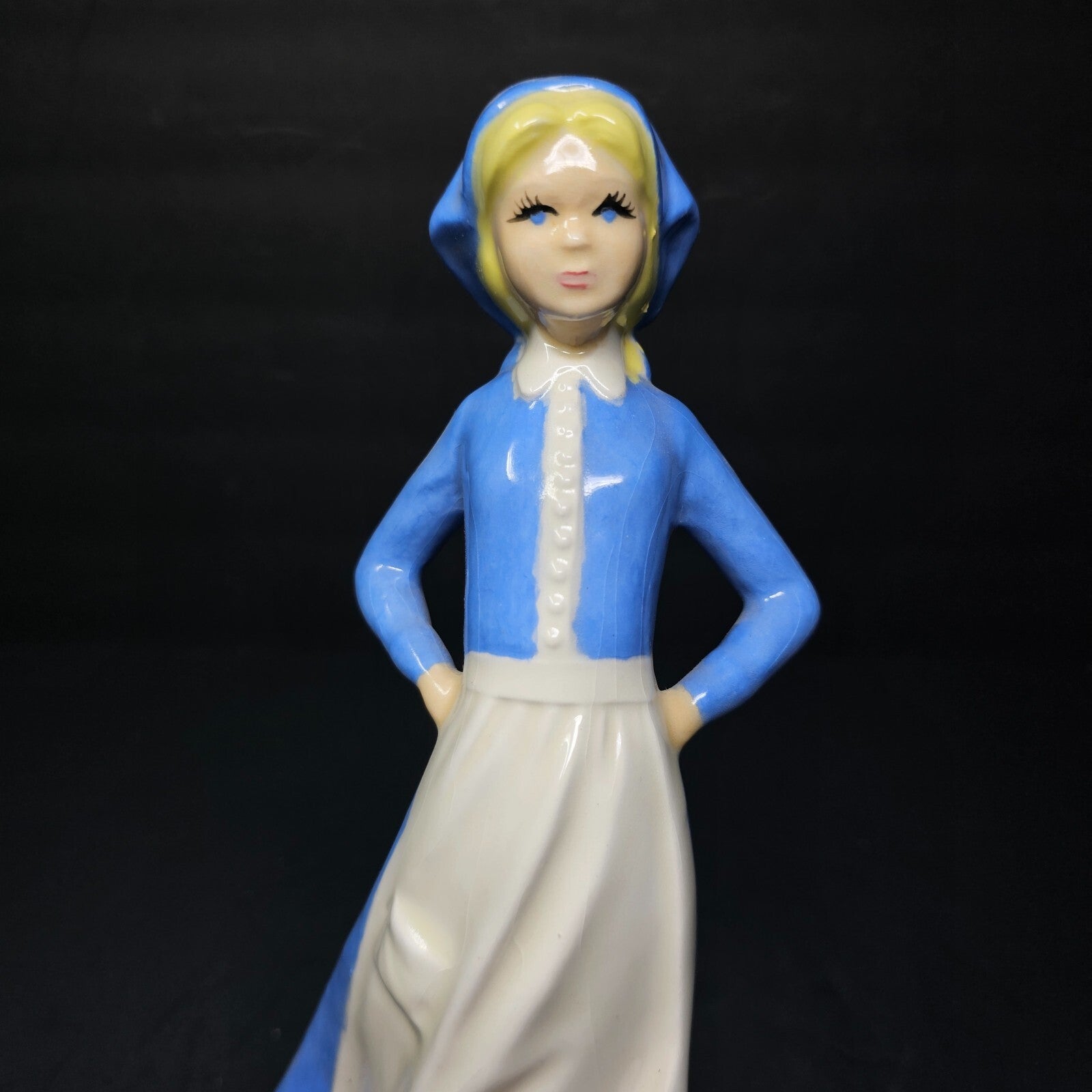 Blue Glazed Porcelain Farm Lady Figurine Duck Flowers 1990