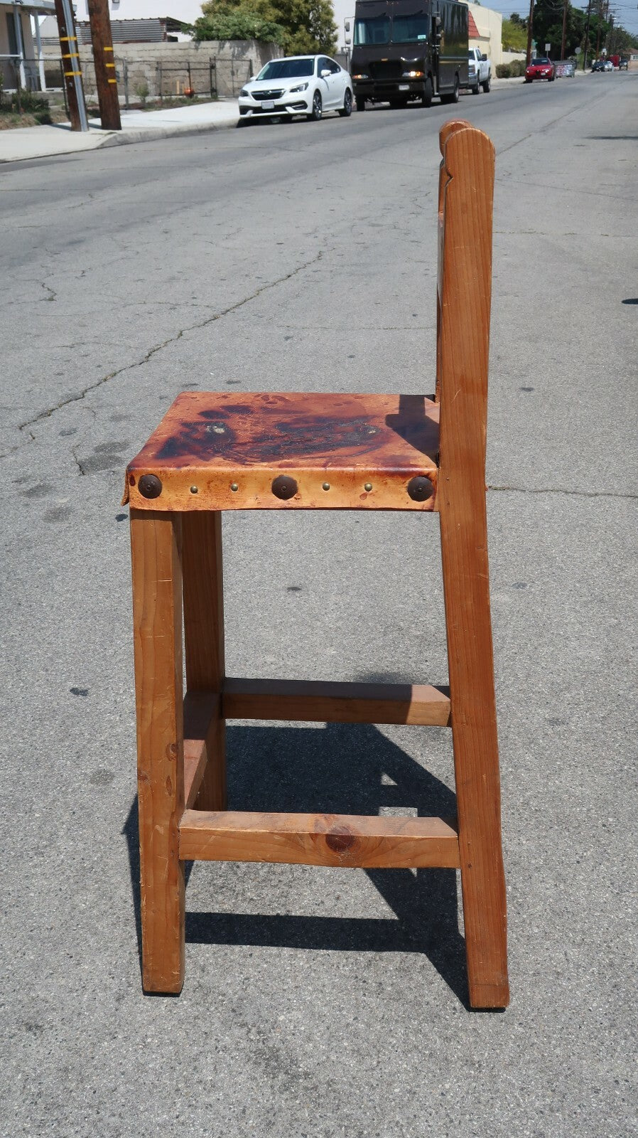 Wooden Counter Height Bar Stool Leather Seat Handcrafted farmhouse Stool H 41"