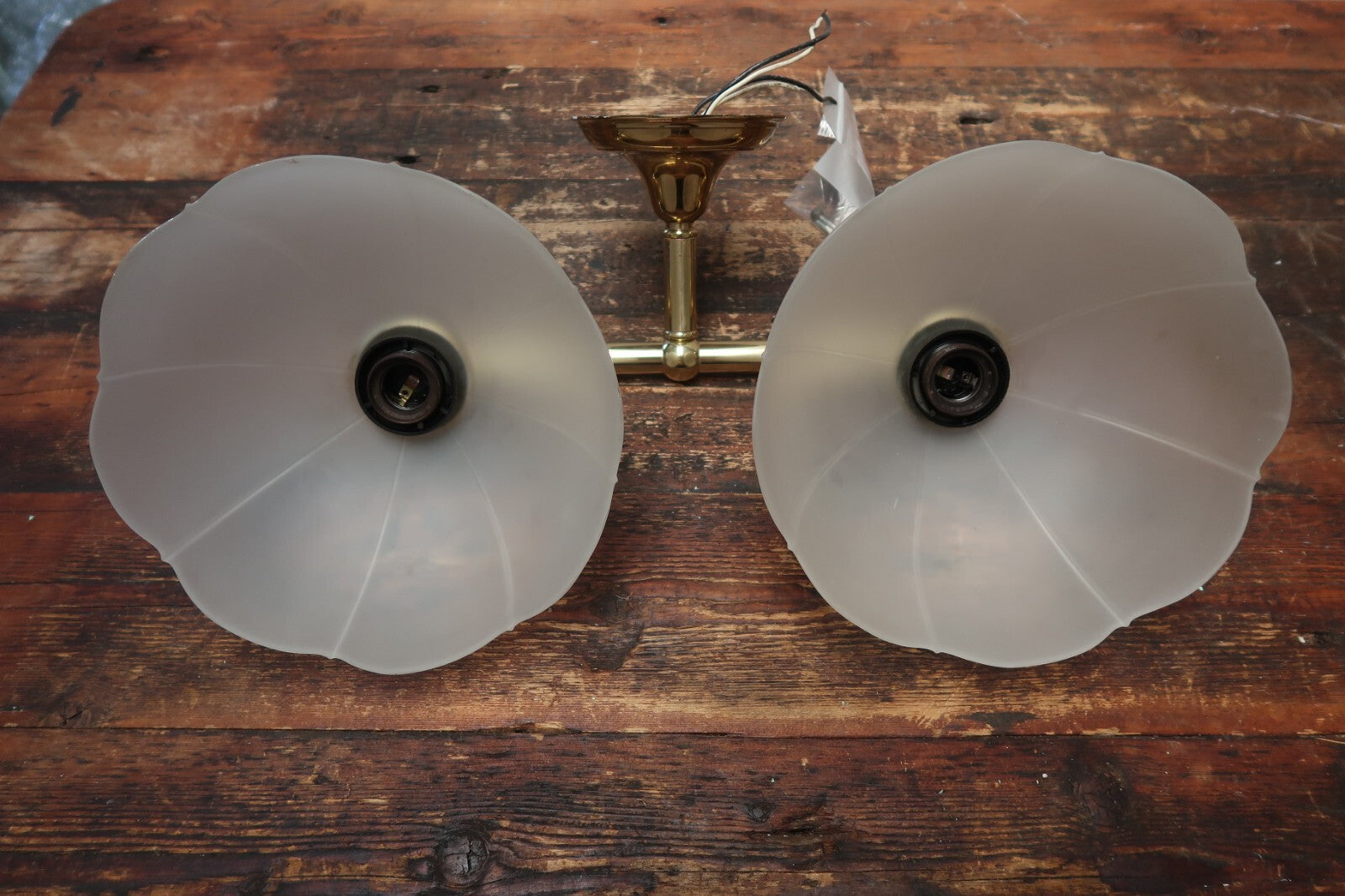 2 Light Brass Light Fixture With Frosted White Glass Lamp Shades Made In Spain
