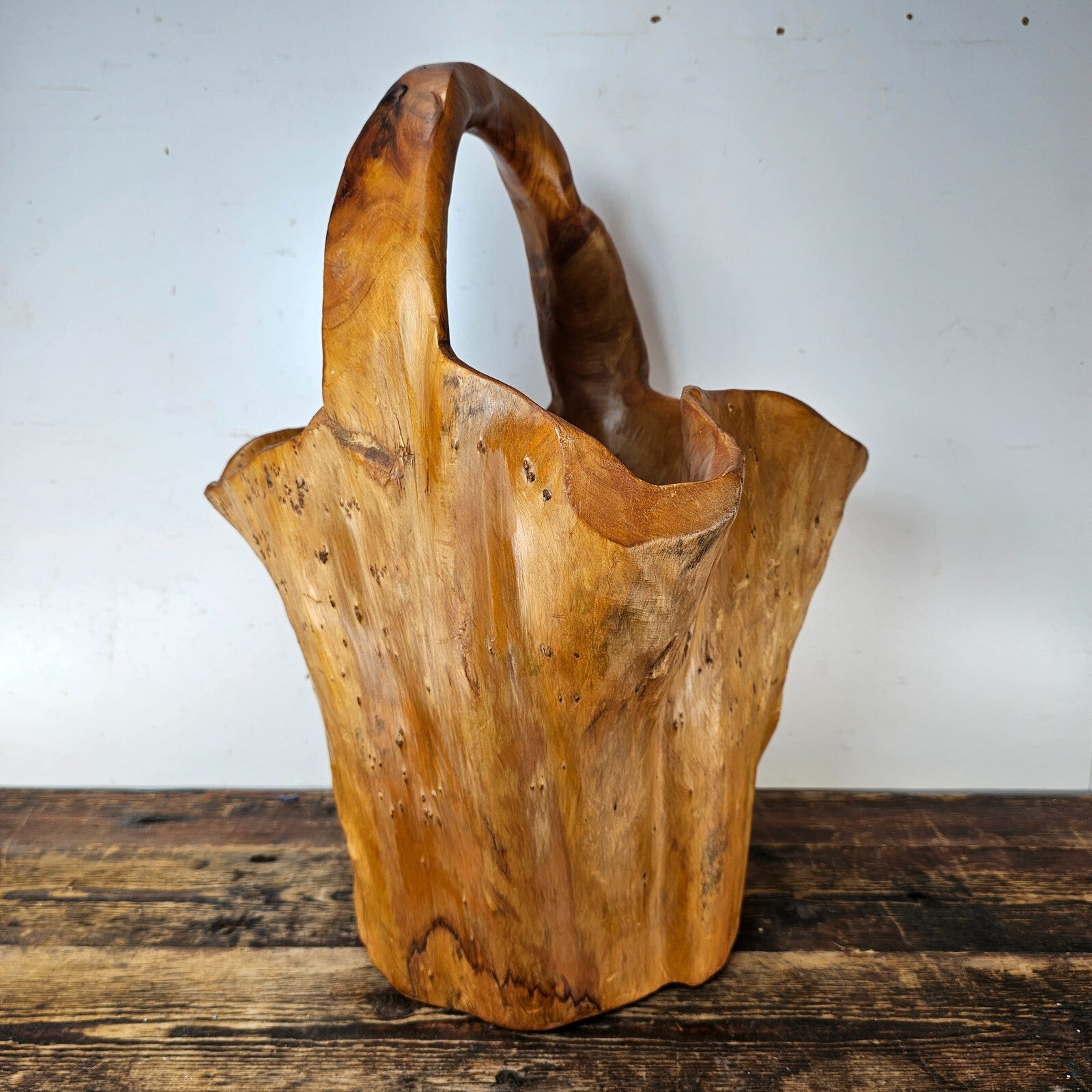 Large Wood Burl Root Hand Carved Bowl Basket with Handle 13.5" x 13.5" x 19.5"H