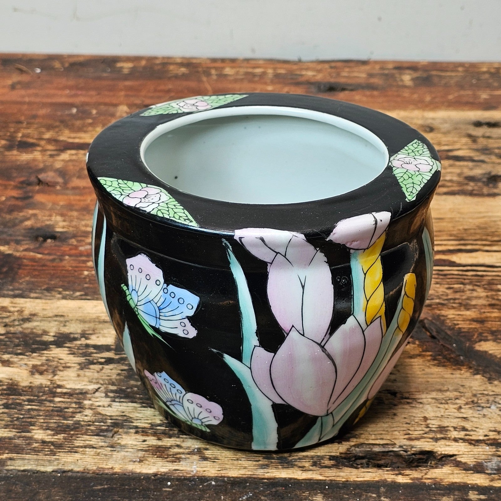 Vintage Ceramic Planter | Pastel Floral & Butterfly Motif 6" Dia. x 5" H