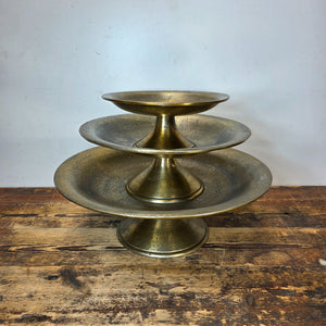 Set of 3 Gold Pedestal Display Dishes — Cast Aluminum, Textured Finish
