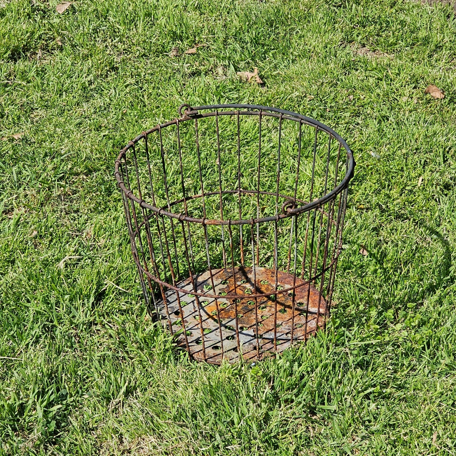 Vintage Rusty Wire Gathering Basket with Perforated Metal Base 15"Diam x 12"H