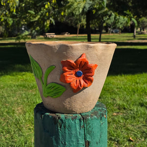 Vintage Atzompa Oaxaca Terracotta Wall Pocket Planter with Orange Flower