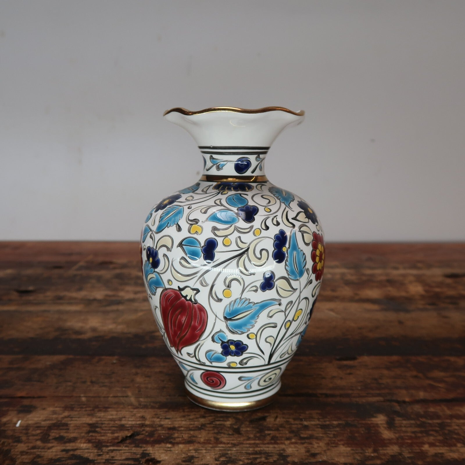 Manousakis Keramik Rodos Greece Greek Ceramic Vase Navy Roosters H 6.5"