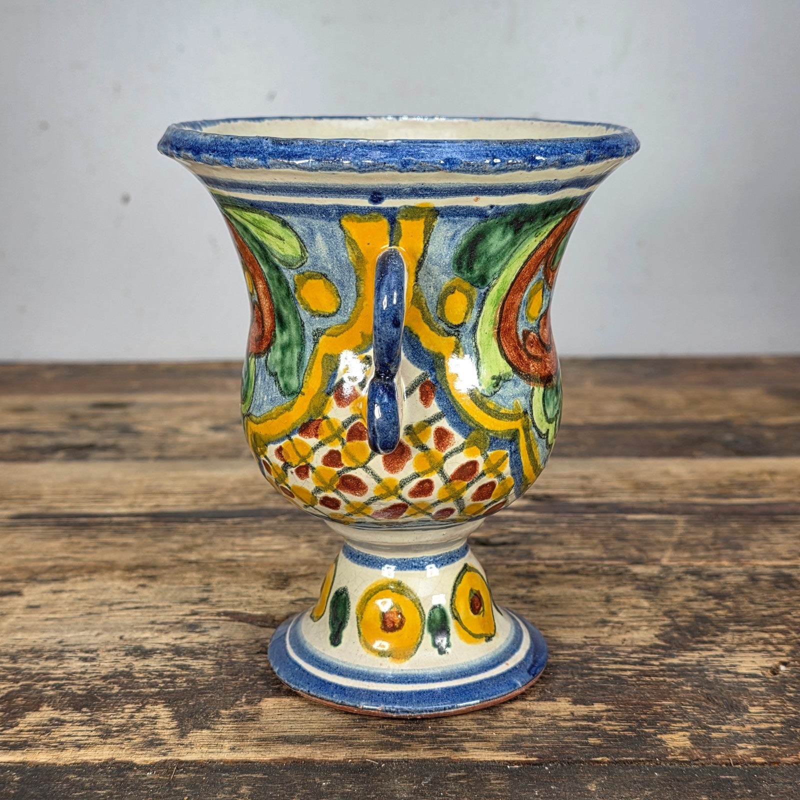 Vintage Mexican Talavera Hand-Painted Chalice Vase / Goblet Form Pottery