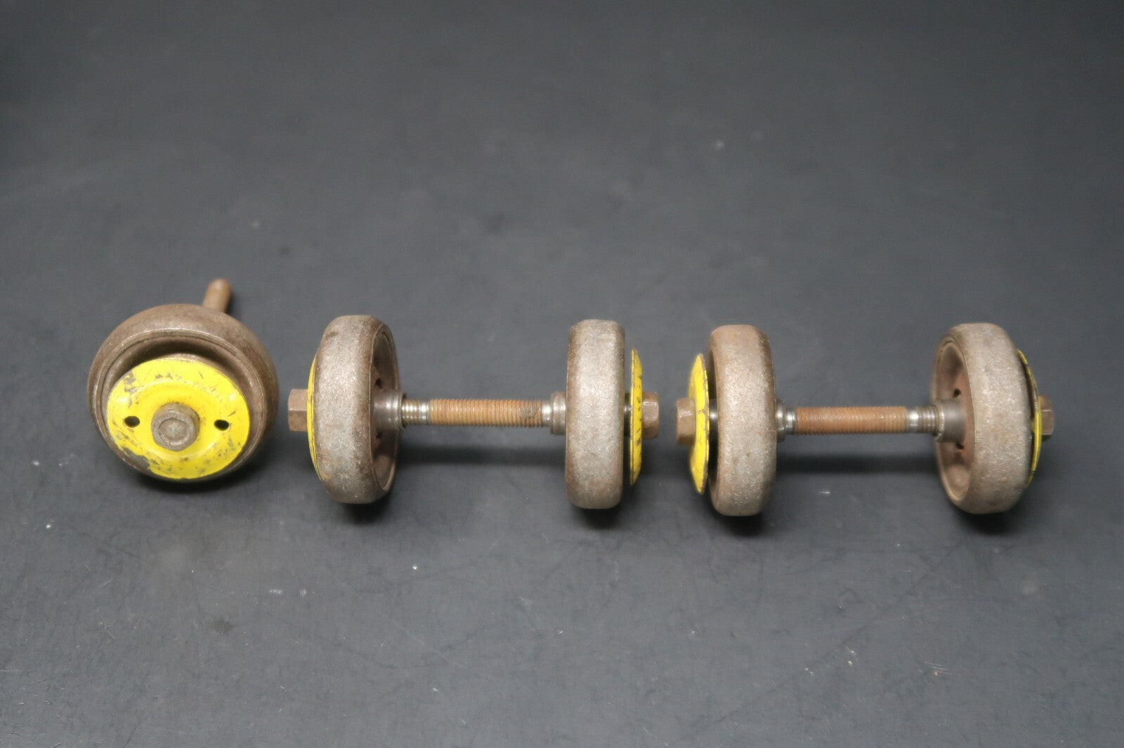Lot of 5  Vintage Iron Ball Bearing Casters Wheels With Yellow Wheel Covers