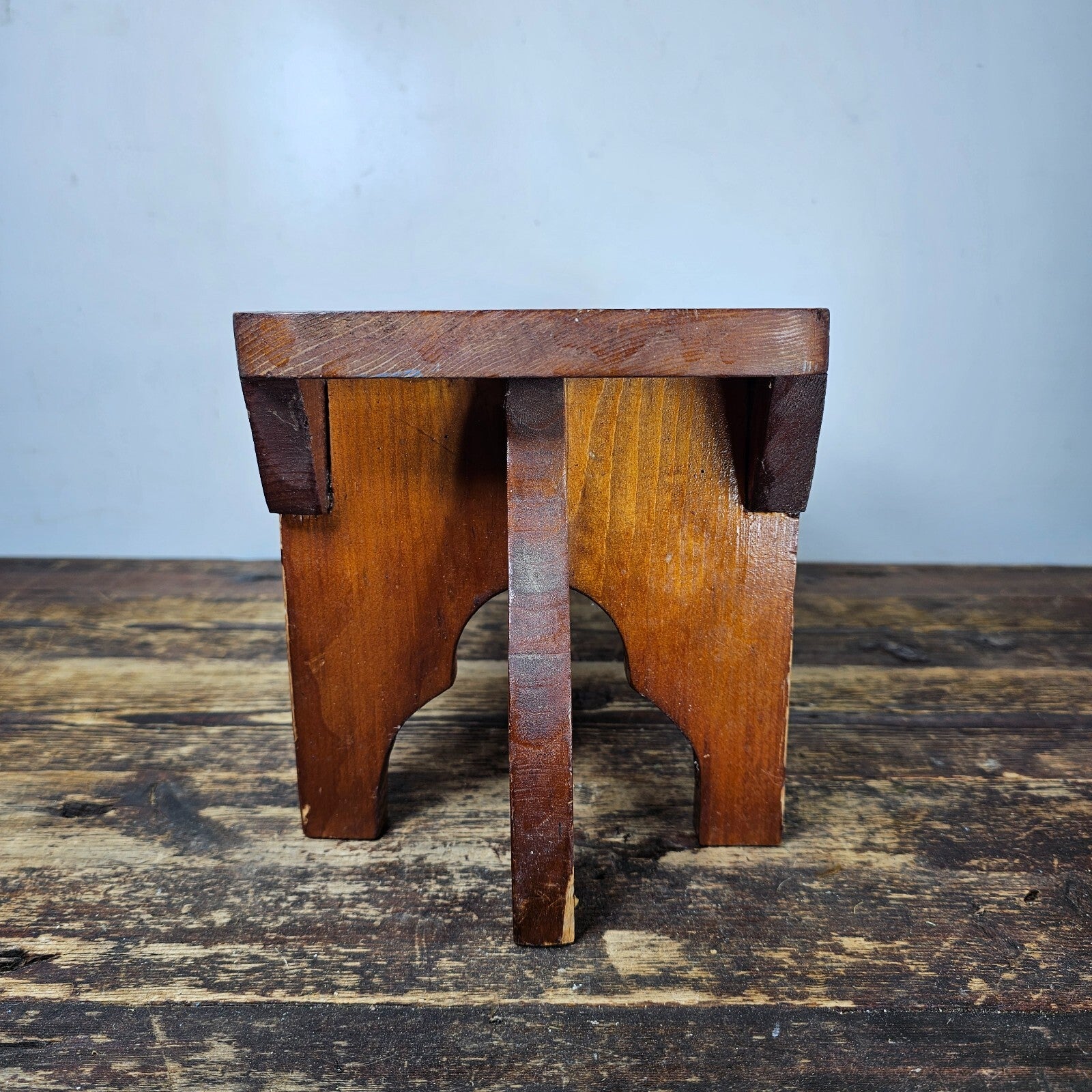 Vintage Arts and Crafts Style Handmade Vernacular Boarded Stool Signed 1970s