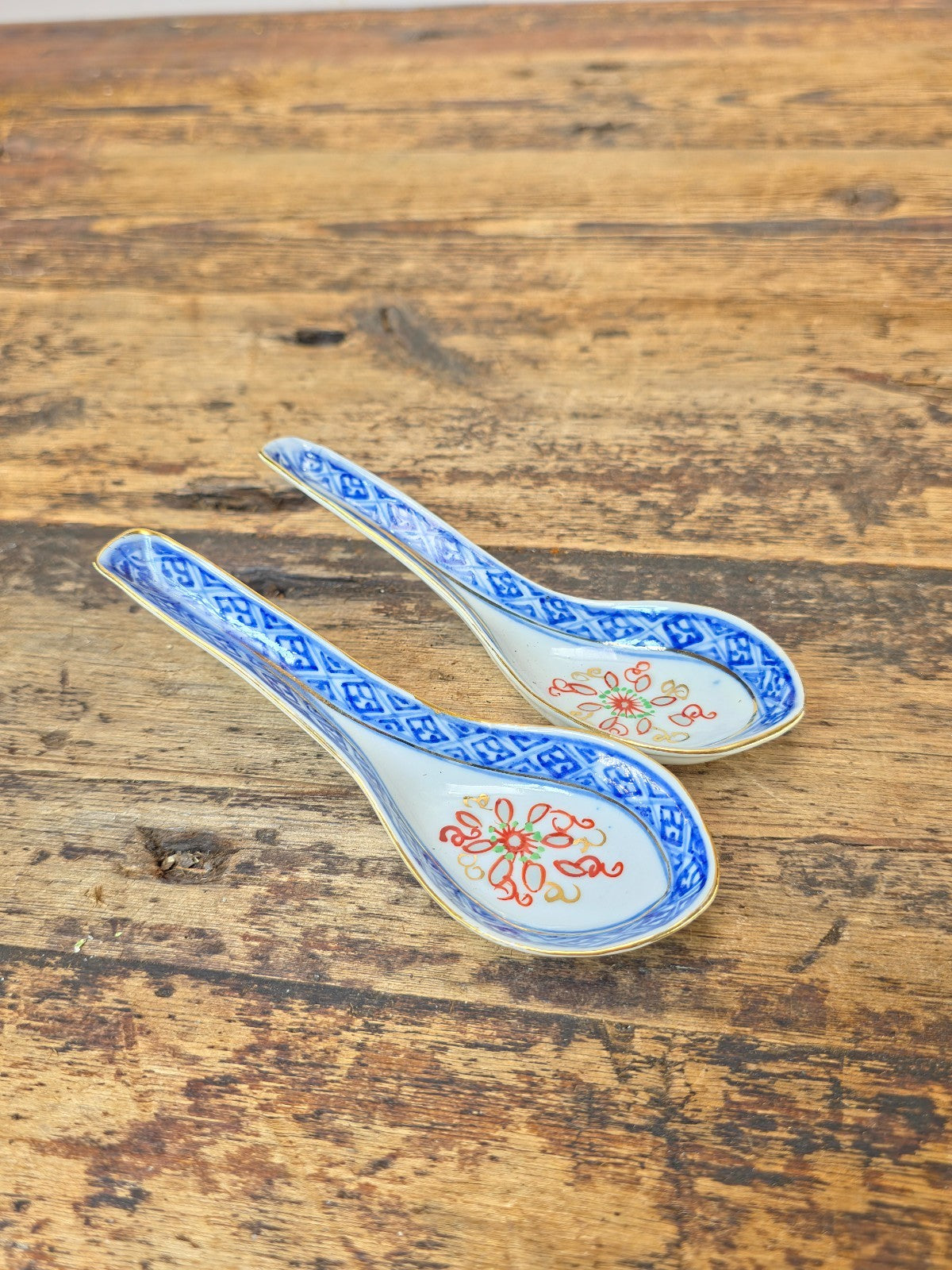 Vintage Chinese Porcelain Spoons Pair Blue White Red Gold, 5.5"