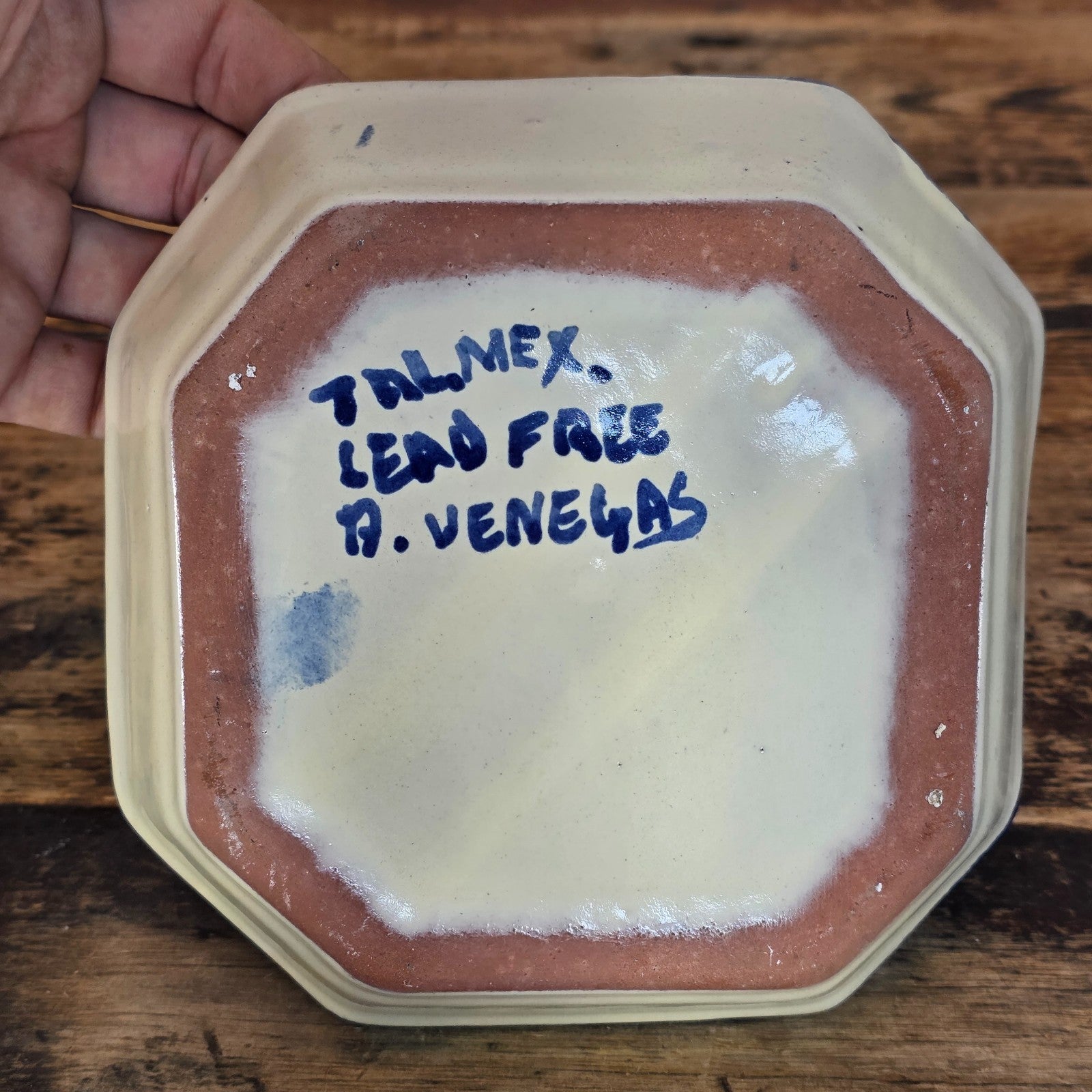 Talavera Pottery Bowl - Blue & White Octagonal Dish Signed R. VENEGAS