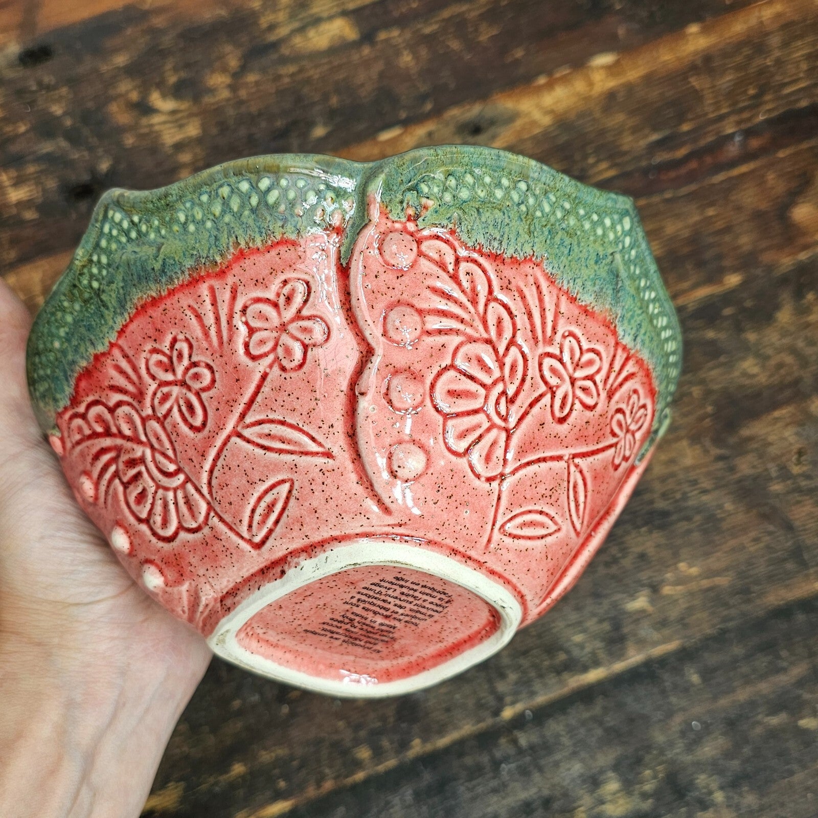 Hand Crafted Pottery Nut Bowl Dish Floral Design 7.5" L x 7.5" W x 3.75" H