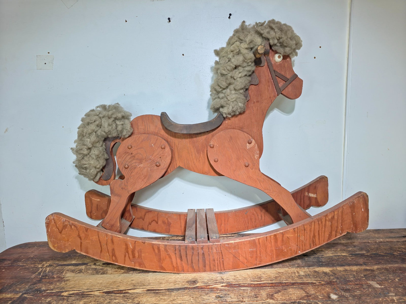 Large Wooden Rocking Horse with Wool Mane – Rustic Farmhouse Decor