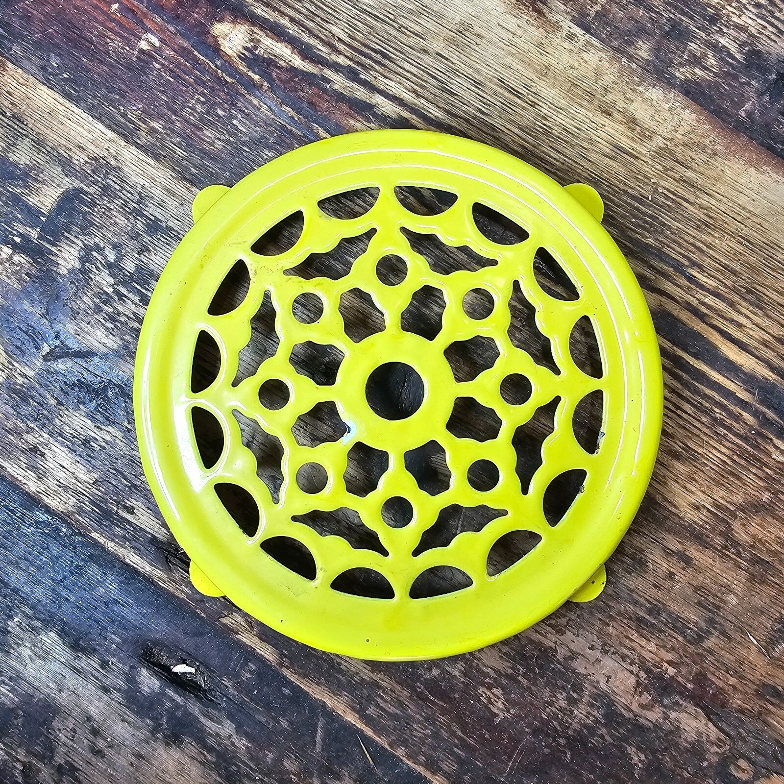 Vintage Fritz and Floyd Enameled Yellow Reticulated Trivet