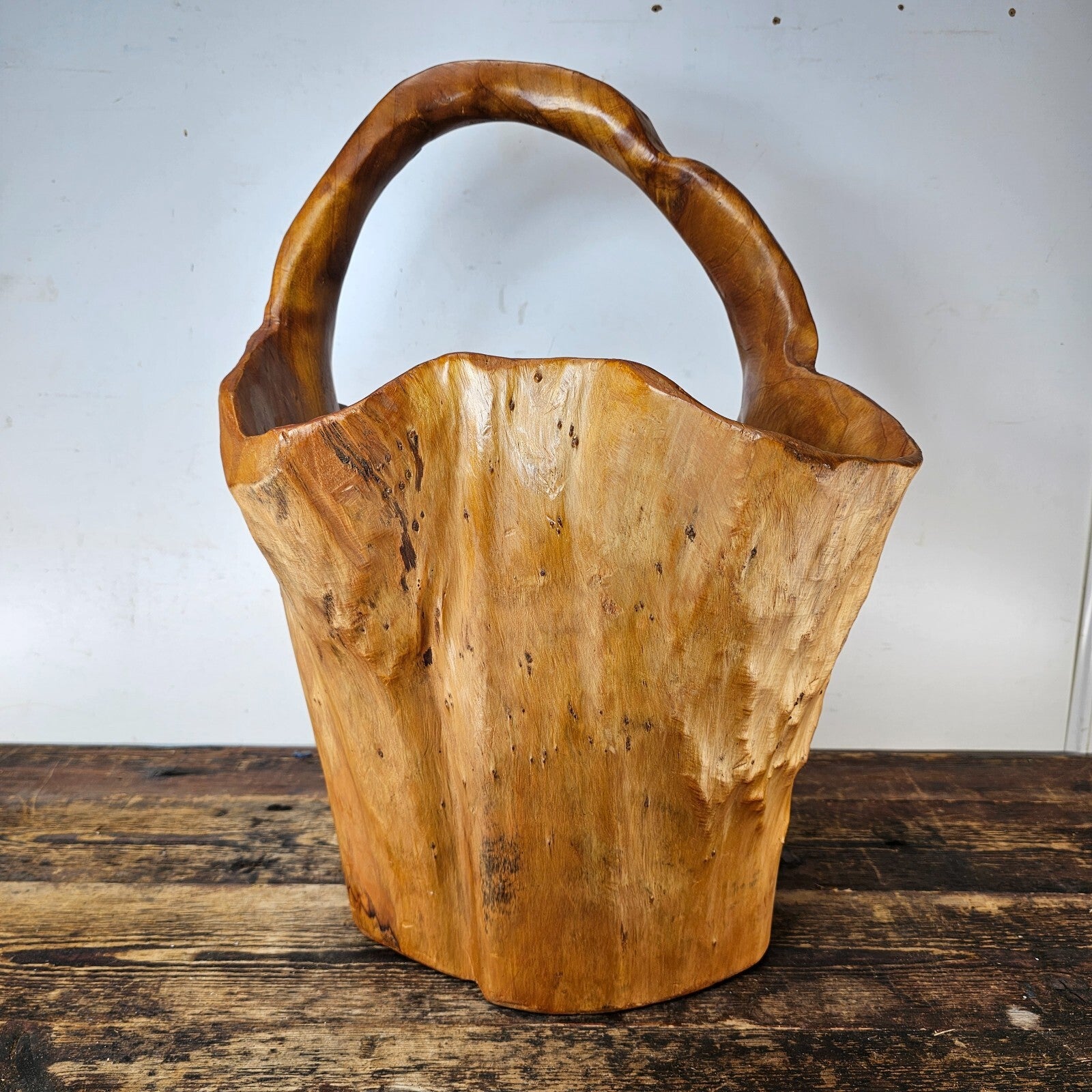 Large Wood Burl Root Hand Carved Bowl Basket with Handle 13.5" x 13.5" x 19.5"H