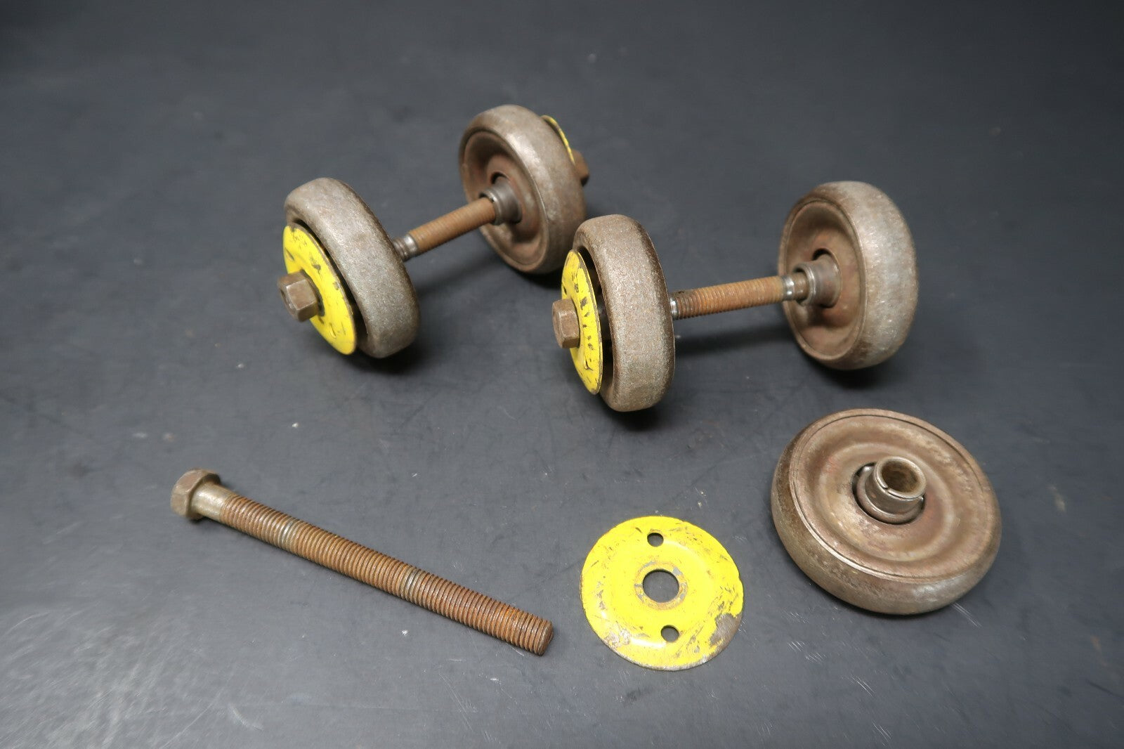 Lot of 5  Vintage Iron Ball Bearing Casters Wheels With Yellow Wheel Covers