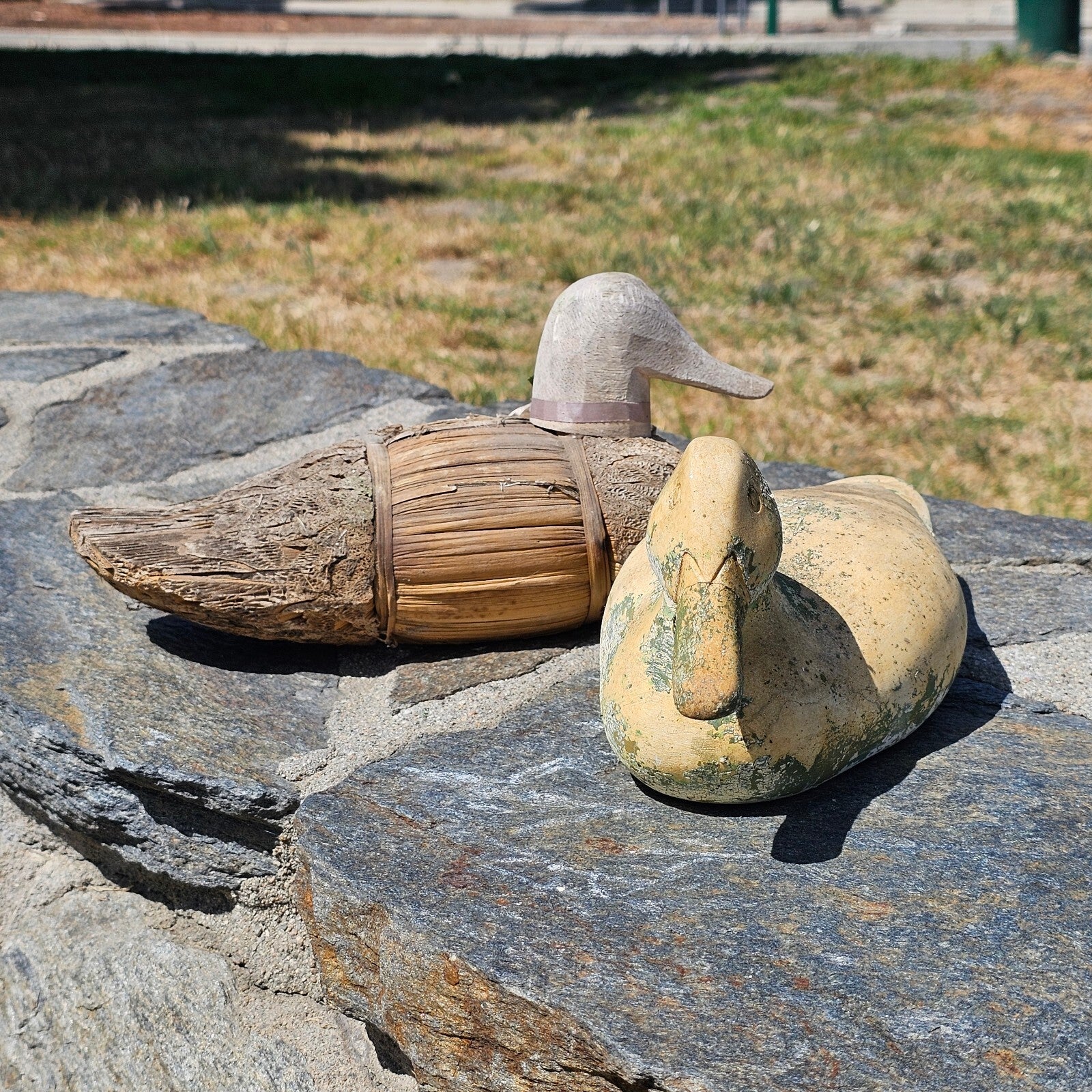 Set of 2 Wood, Corn Husk Duck 11" And Ceramic Duck 11" Garden Decor