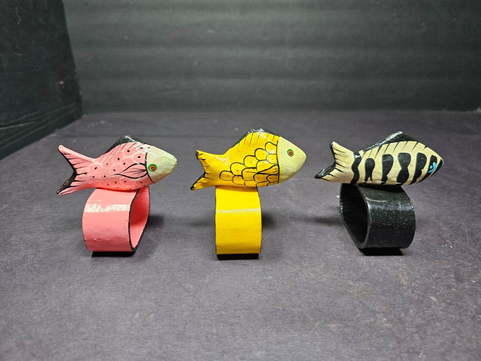 Set of 6 Colorful Hand Painted Teak Wood Fish Napkin Rings