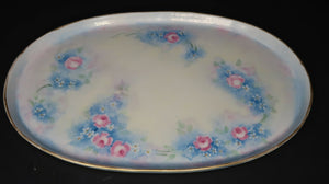 Vintage Oval Pink & Blue Rose Dish Hand Painted Floral Gold Trim Made In Japan