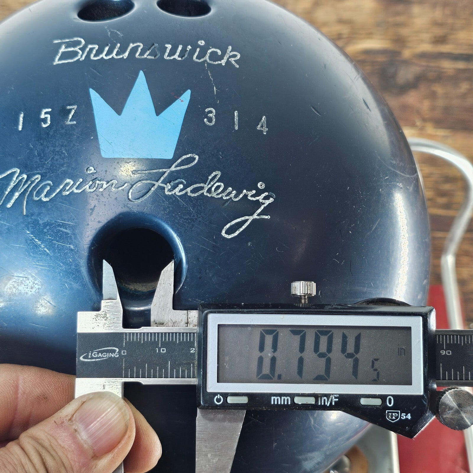 Vintage Brunswick Marion Ladewig  Bowling Ball 12.75 lb. With Base