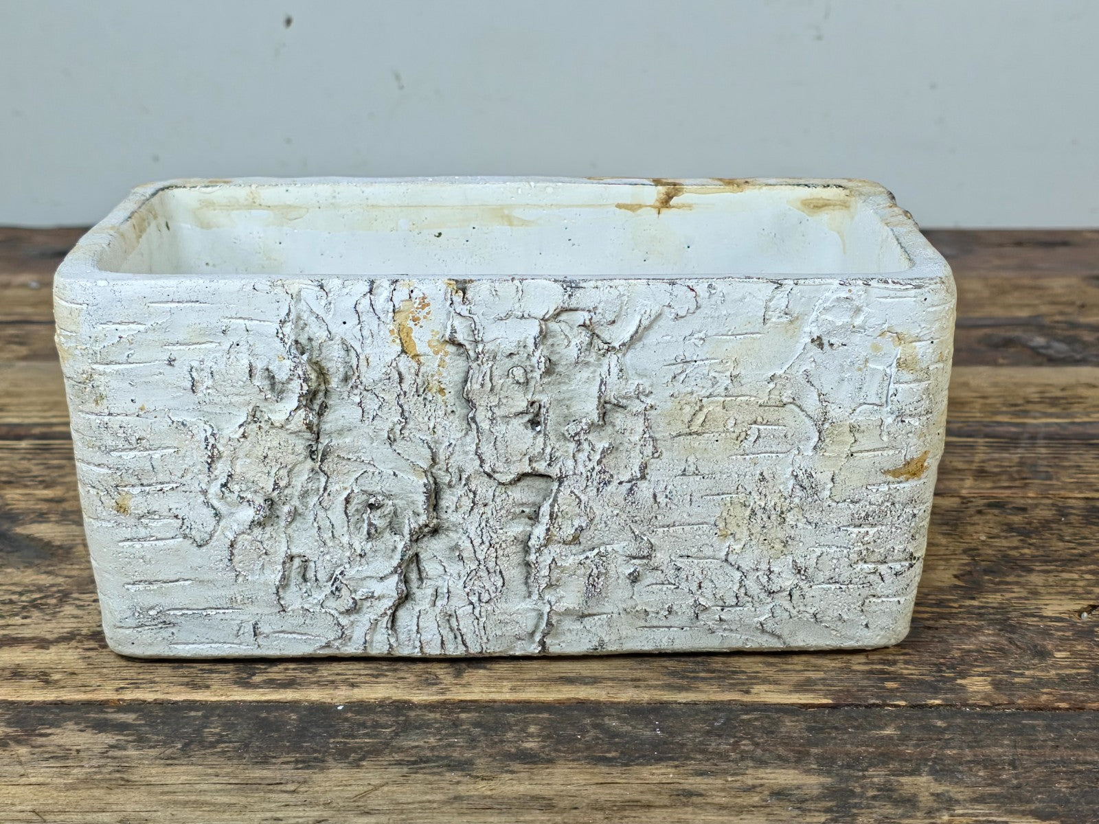 Birch Bark Texture Cement Planter – Rustic White Rectangular Pot 8.5"
