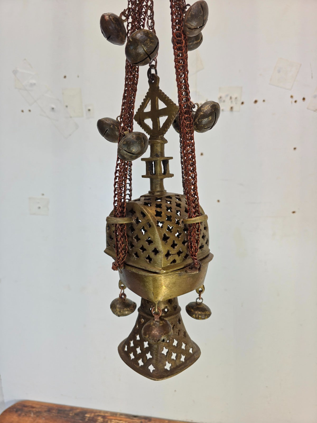 Vintage Ethiopian Coptic Brass Processional Incense Burner — 30" — Bells & Chain