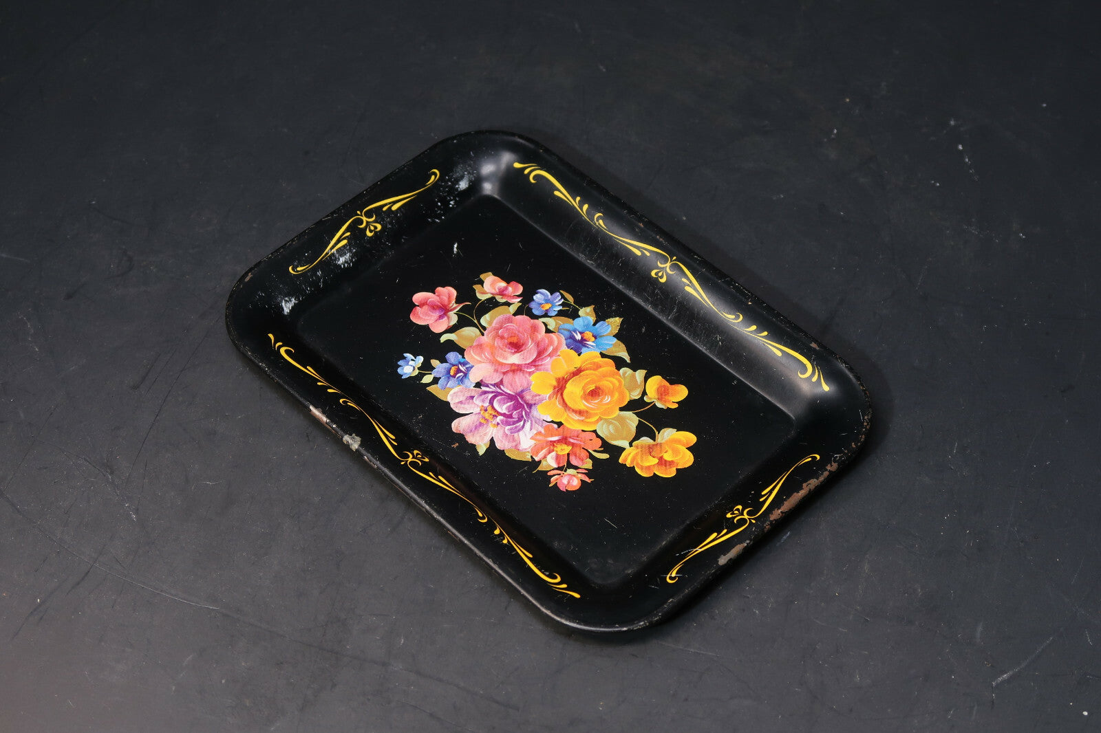 Vintage Small Metal Tray Trinket Tray Floral Print Black 6.5" x 4.5"